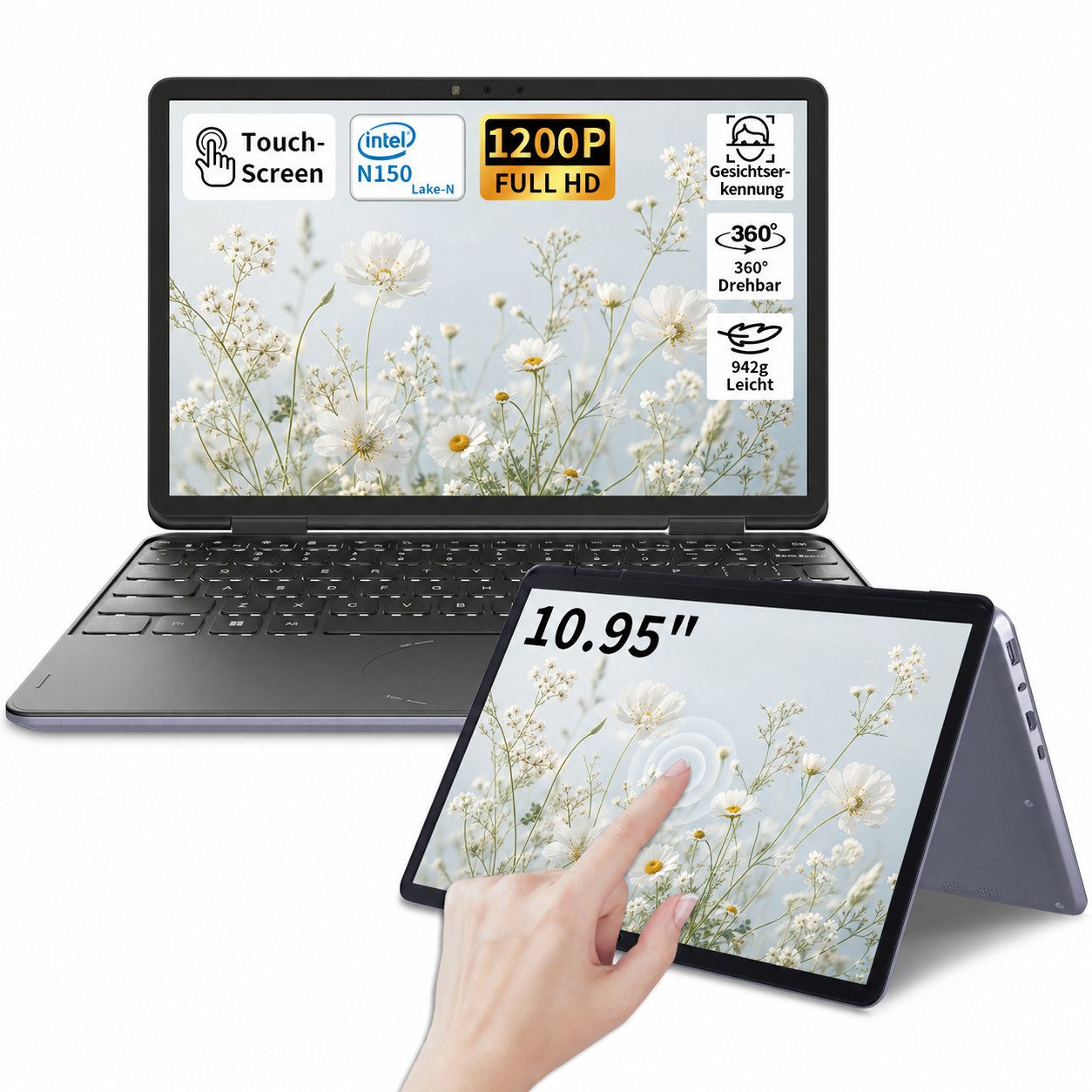 LONGEVINCE 2-in-1 Touchscreen Laptop 10,95", 16GB RAM Notebook (27,81 cm/10,95 Zoll, Intel, Intel Celeron N150, 16 GB, 960 GB SSD, 360° Flexibl, Windows 11 Pro)