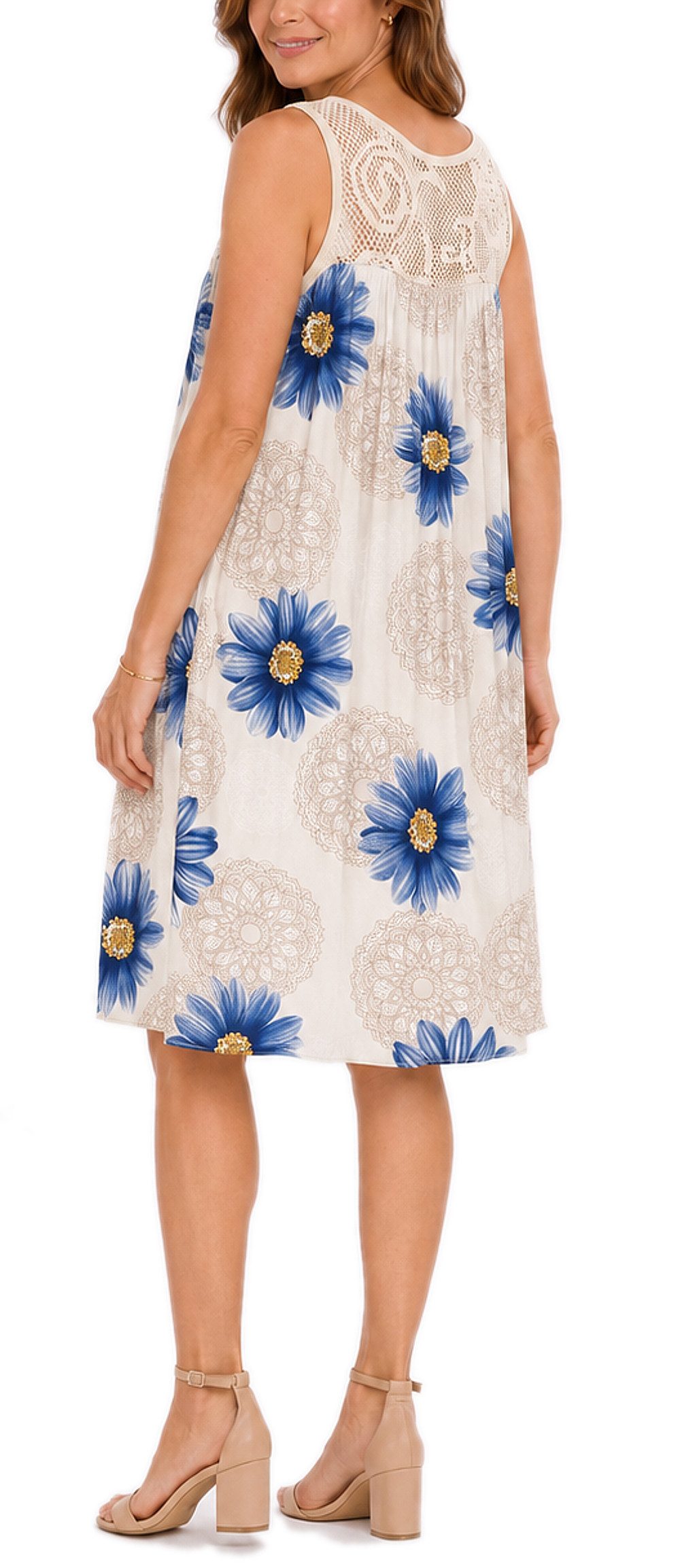 dy_mode Midikleid Damen Sommerkleid Blumenmuster Midi Kleid Strandkleid knielang Knielang, Transparente Häkel-Einsatz im Dekolleté- und Rückenbereich