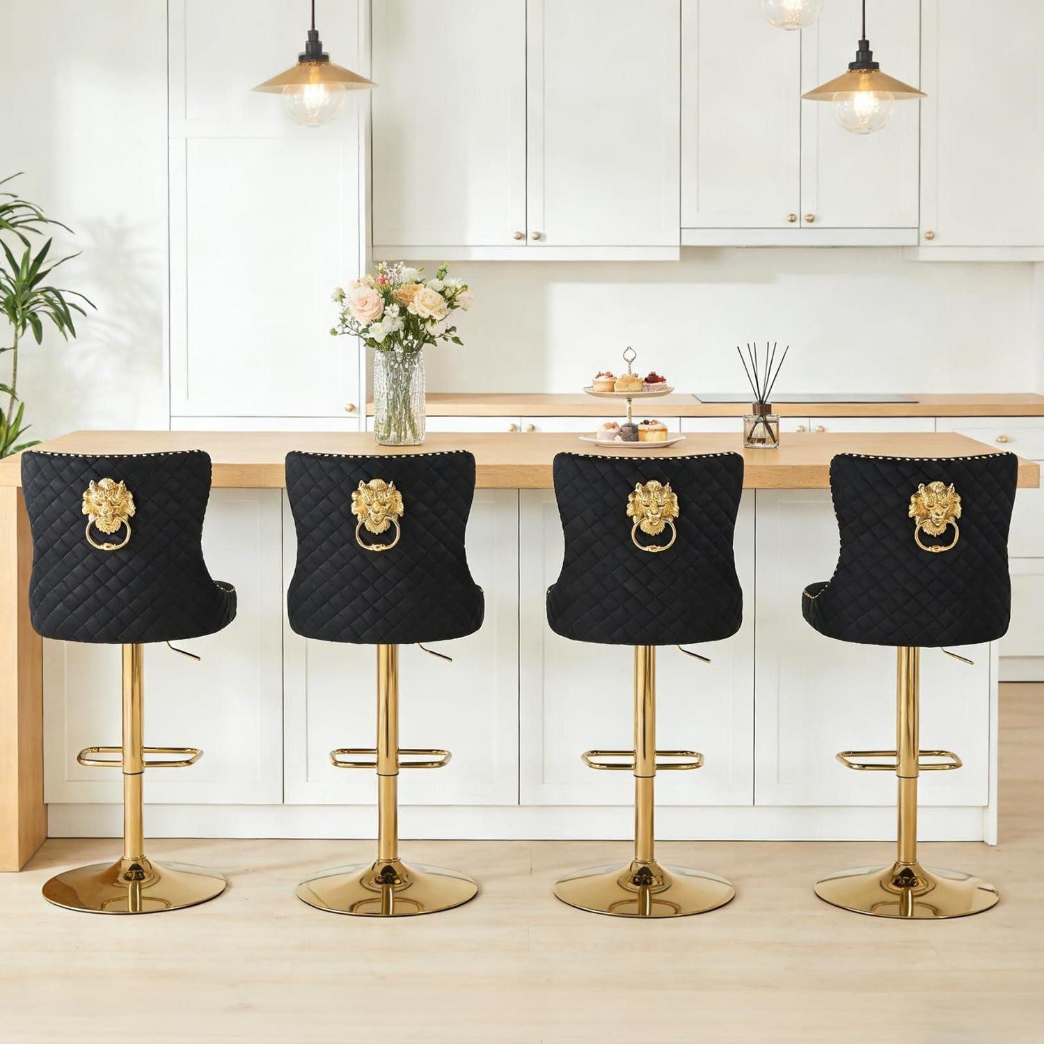 Barhocker Barhocker Lehne Höhenverstellbar Drehbar 4er set Schwarz goldenen Füße