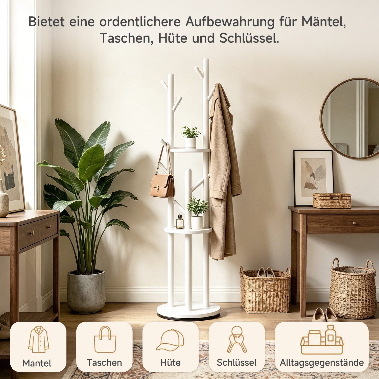 OSTWOLKE Garderobenständer Drehbarer Kleiderständer aus Massivholz mit 3 Ablage und 8 Haken, stabil & einfach zu montieren, für Flur, Schlafzimmer, 165×40×40 cm – Bild 4 von 5