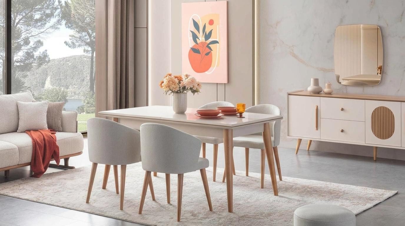 JVmoebel Esszimmer-Set Esstisch 4x Stühle Modern Beige Gemütlich Hell Elegant, (5-St), Made in Europa