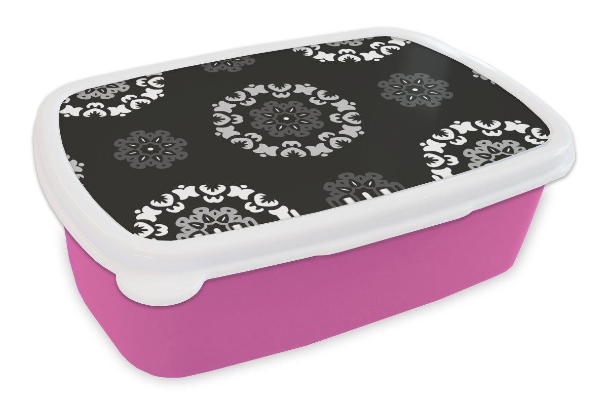 MuchoWow Lunchbox Snackbox, Kinder, Weiß, Erwachsene, - Brotbox Mädchen, (2-tlg), Brotdose Mandala und für Muster Kunststoff Kunststoff, Schwarz - rosa