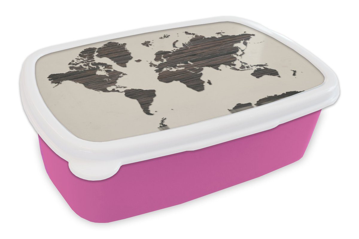 MuchoWow Lunchbox Weltkarte - Braun - Holz, Kunststoff, (2-tlg), Brotbox für Erwachsene, Brotdose Kinder, Snackbox, Mädchen, Kunststoff rosa