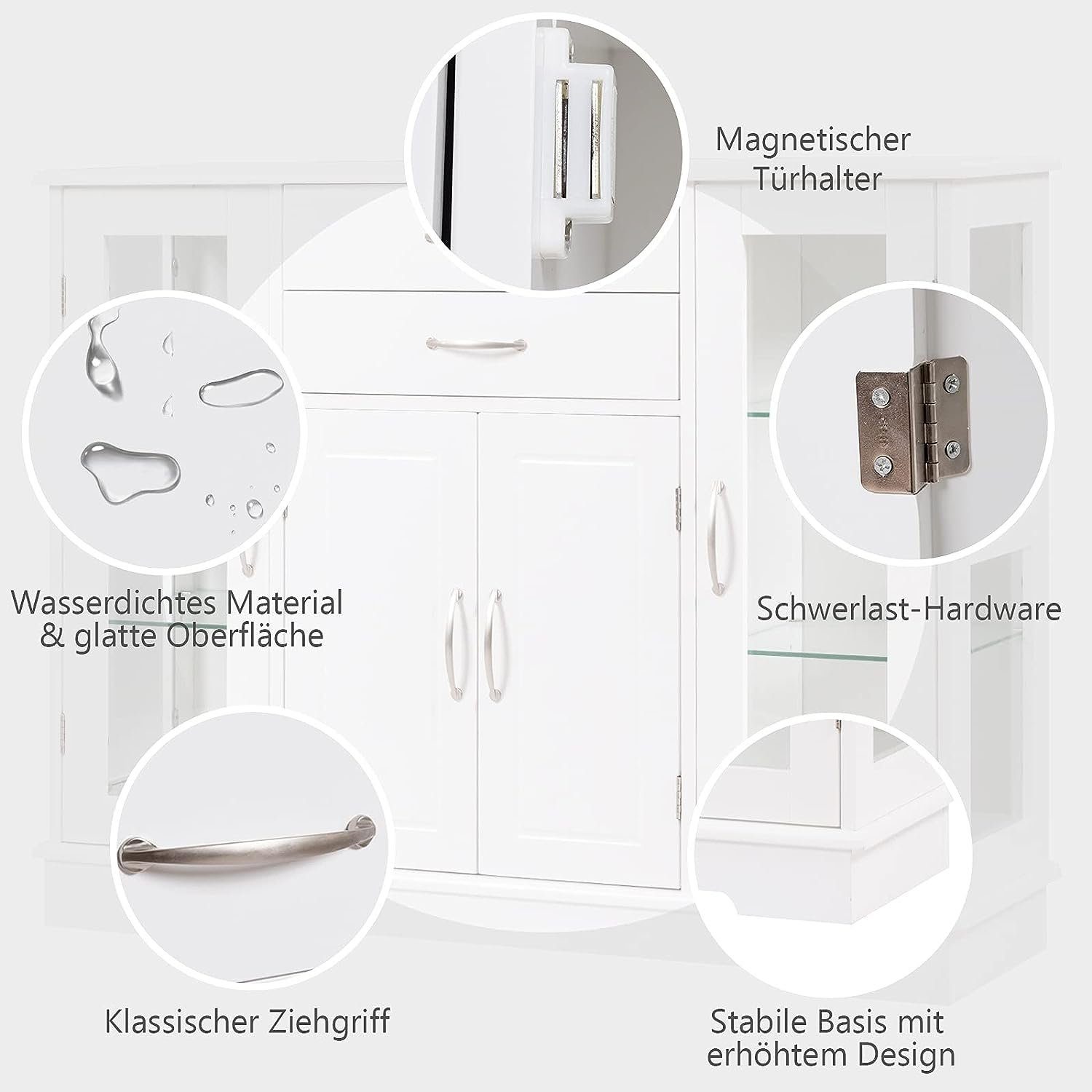KOMFOTTEU Sideboard Küchenschrank, mit Glastüren und 2 Schubladen