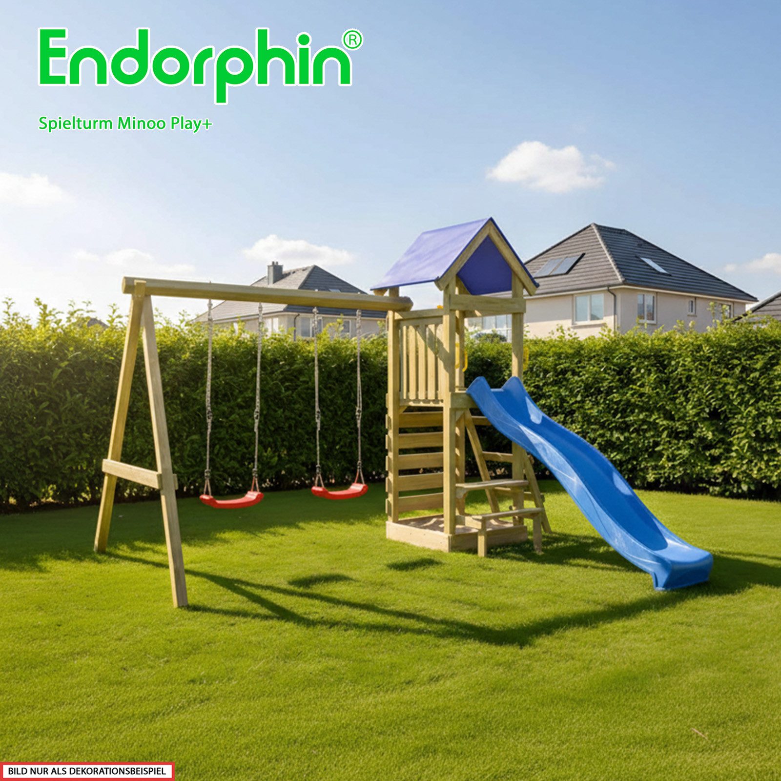 Endorphin Spielturm Spielturm Minoo Play+ mit Dach Leiter Rutsche blau Schaukel Kletterwan