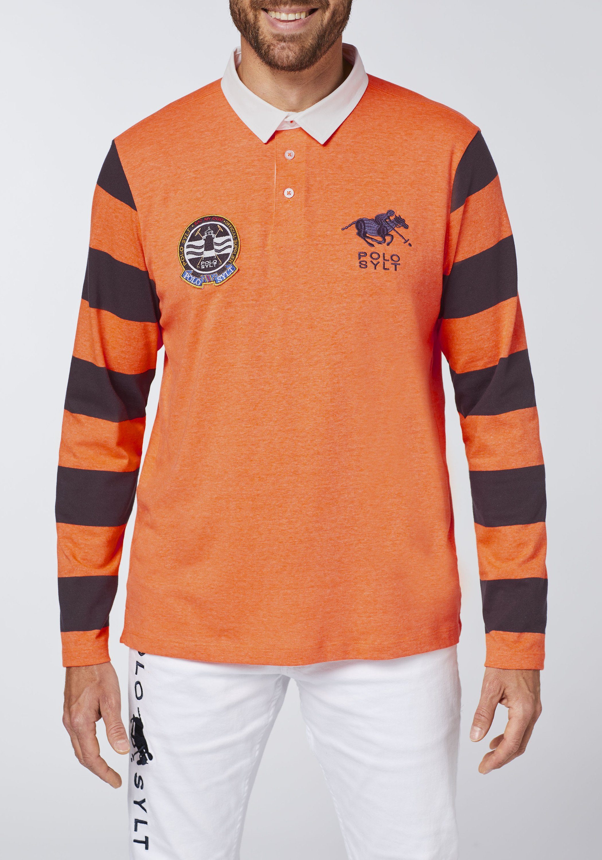 Poloshirt im mit Ärmeln Shocking Orange Sylt Polo 15-1360 Blockstreifendesign langen