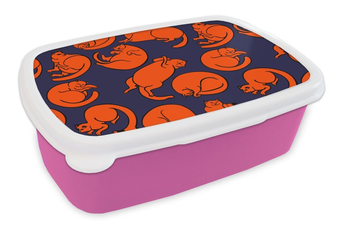 MuchoWow Lunchbox Schlafend - Katze - Muster, Kunststoff, (2-tlg), Brotbox für Erwachsene, Brotdose Kinder, Snackbox, Mädchen, Kunststoff rosa