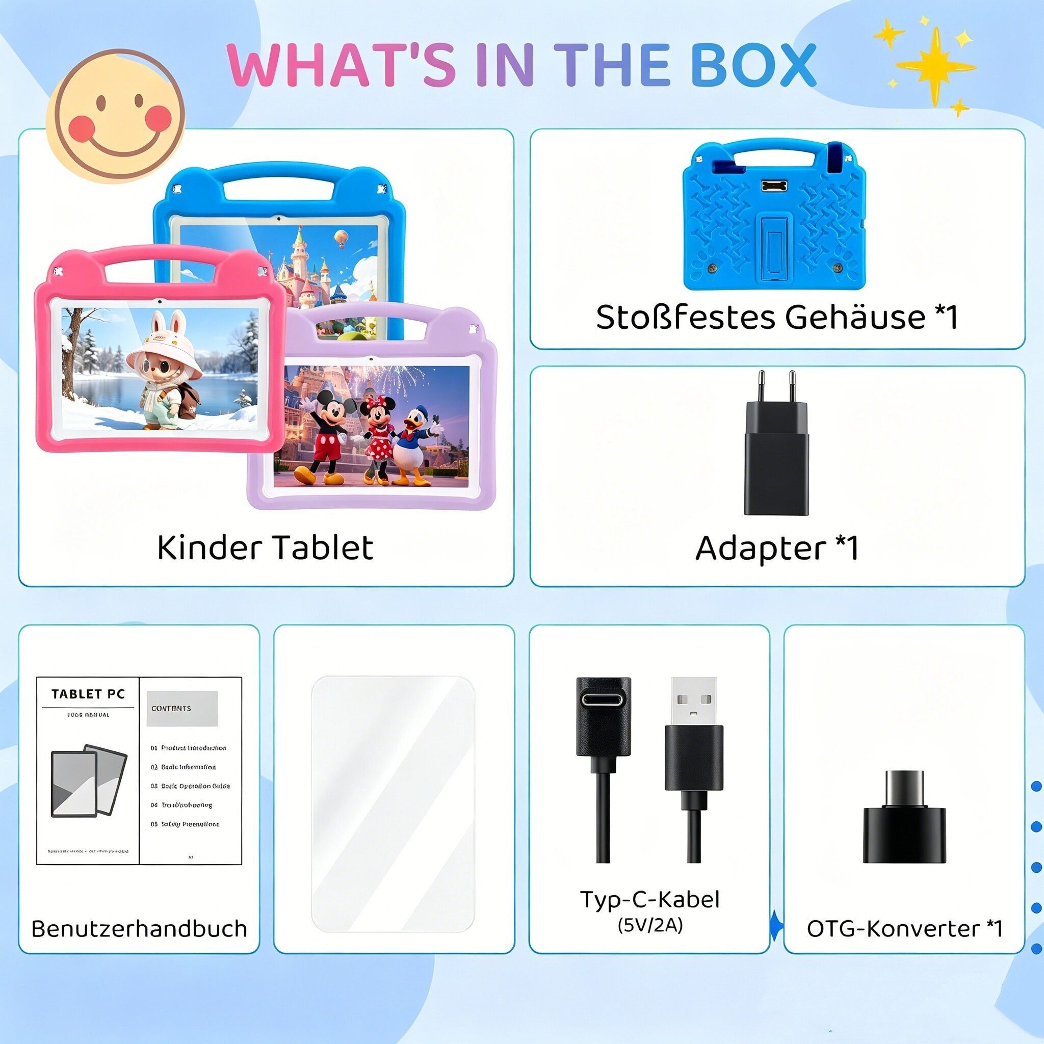 LETGOSPT Kinder Tablet mit Hülle, Android 15 Octa Core 64GB Expand 1TB HD IPS Tablet (10.1", 64 GB, Quad Core, 2.4G+5G, WiFi, WiFi 6 BT 5.0, Google Kids Space, Gemini AI, mit Stylus Tasche Sticker)