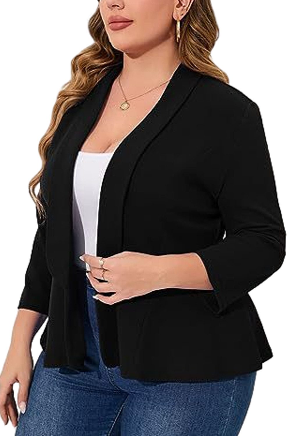 ENIX Anzugsakko Schal-Cardigan-Oberteil für Damen in Übergröße mit 3/4-Ärmeln Sommer Mode Einfarbig Casual Blazer Büro Lose Saum
