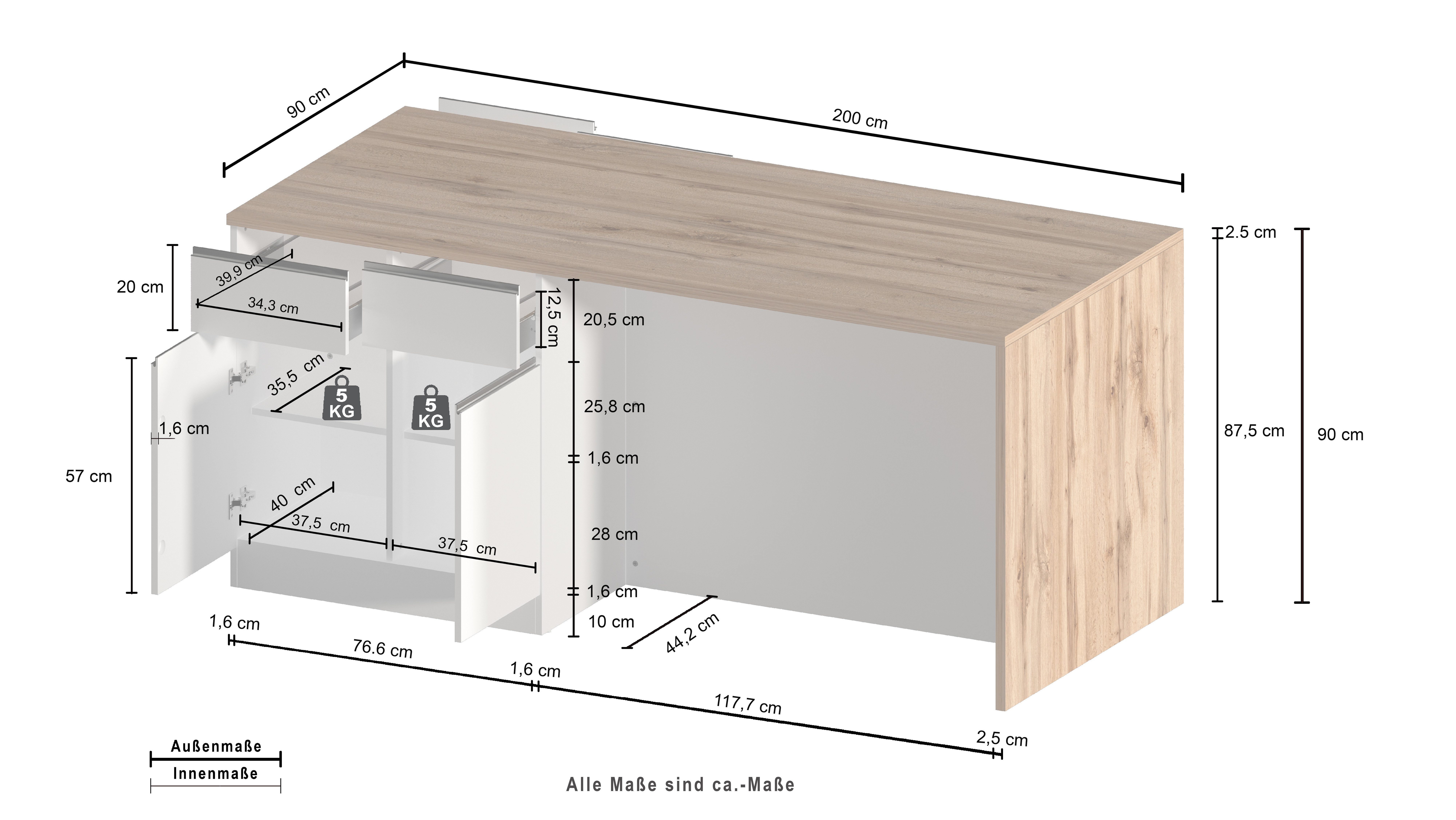 KOCHSTATION Kücheninsel Sole,Kochinsel,Küchenarbeitsblock,Inselküche,Arbeitsinsel, Breite 200 cm mit 4 Türen,4 Schubkästen, Aluminiumgriff
