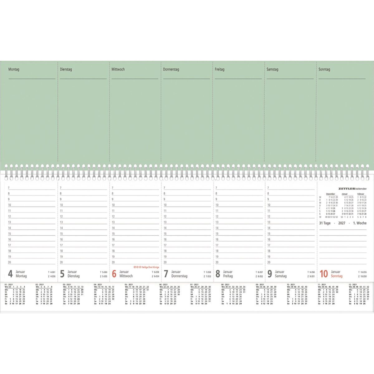 ZETTLER Schreibtischkalender Tischquerkalender Perfo XL Grün 36,2x13,6cm 1 Woche/2 Seiten 2027