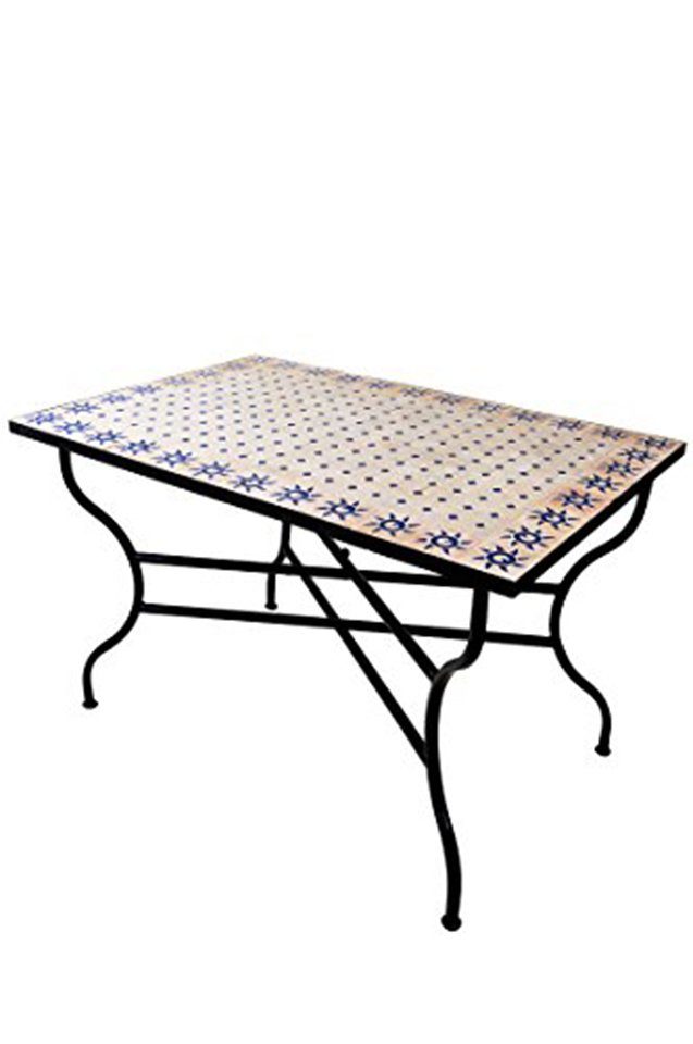 Marrakesch Orient & Mediterran Interior Gartentisch Marokkanischer Mosaiktisch Soleil Beige Blau 120x80cm, Handarbeit, Handarbeit