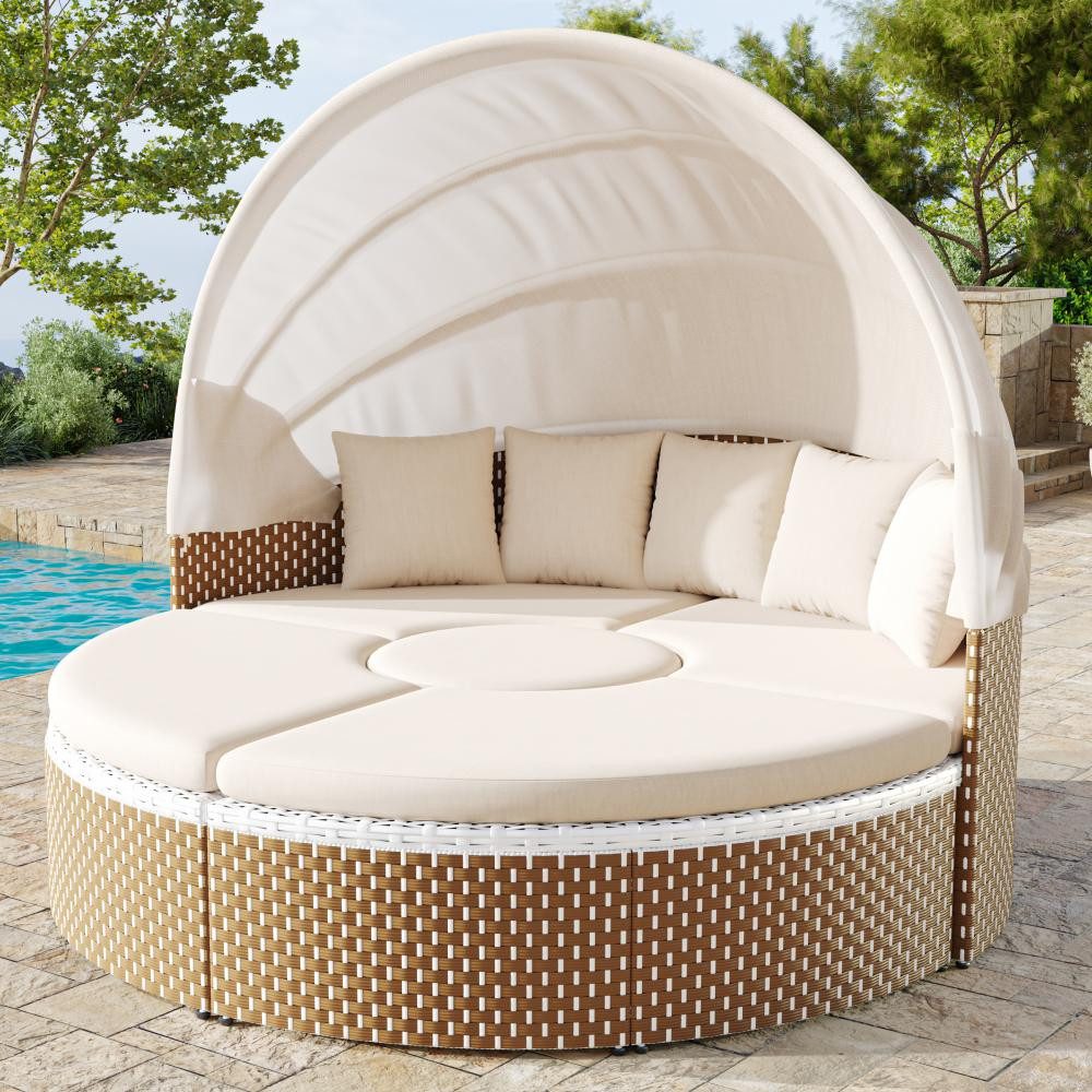 BBWL Gartenlounge-Set mit Baldachin, Muschel Daybed, Tisch, Lounge Sessel Set mit Kissen, Sonneninsel Rattan Garten Lounge Set Beige