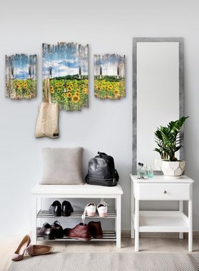 Kreative Feder Wandgarderobe Sonnenblumenfeld, Dreiteilige Wandgarderobe aus Holz