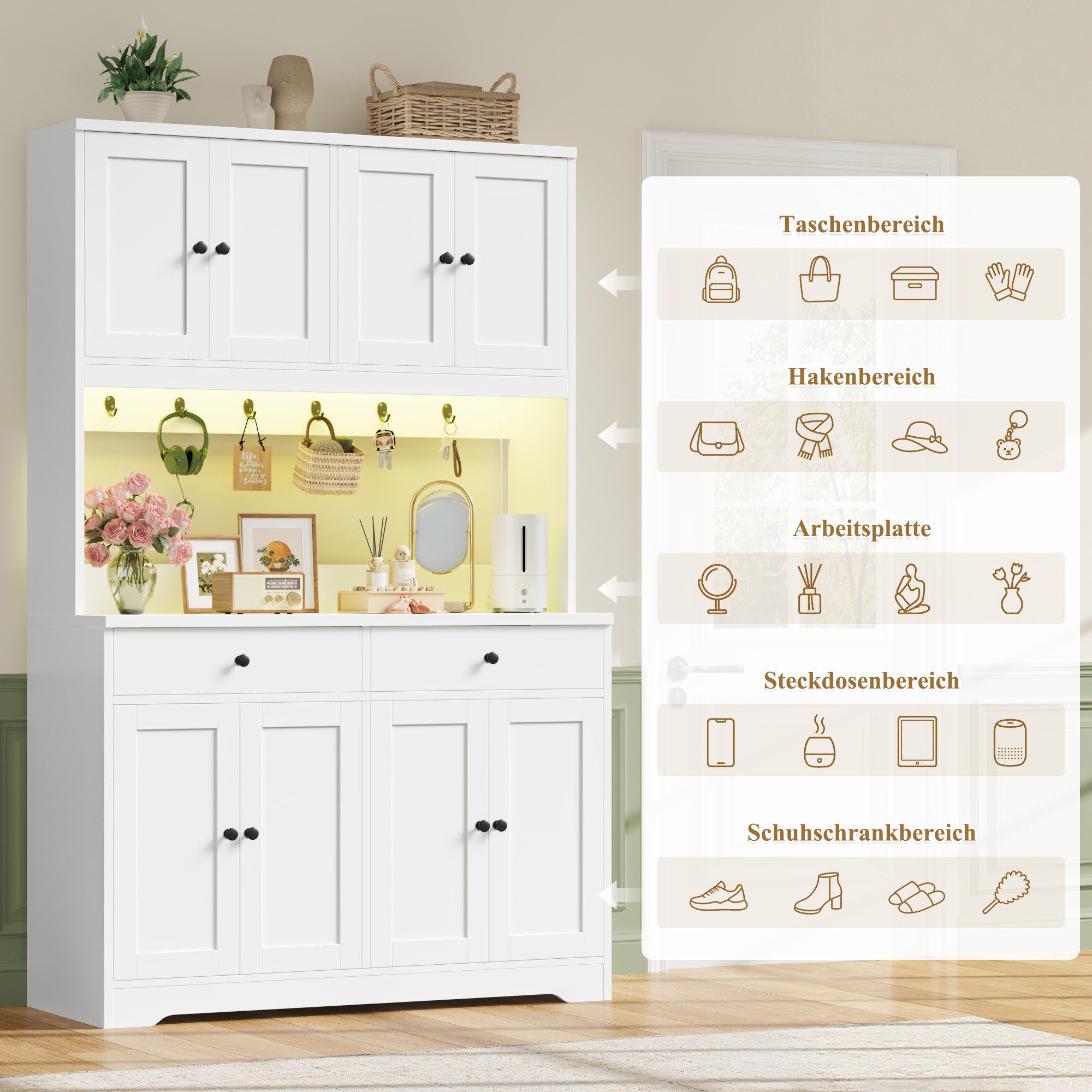 Homfa Küchenbuffet Küchenschrank Buffetschrank mit LED und Steckdosenleiste Sideboard mit Arbeitsplatte, 8 Türen und 2 Schubladen 178x106x38cm – Bild 5 von 5