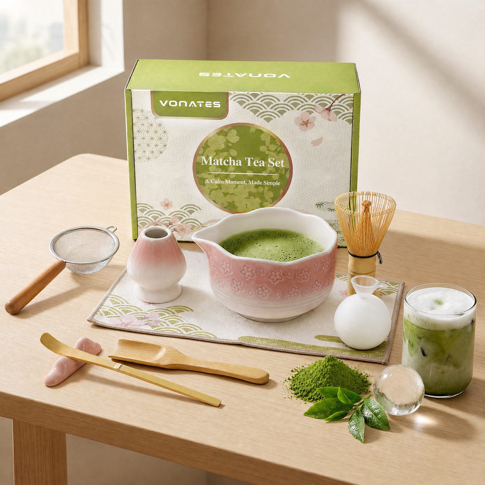 VONATES Teeservice 9tlg. Matcha Set mit Matcha-Schale, Bambus-Besener & Halter, Sieb, Löffel, Tuch, Eisform, aus Bambus und Keramik für Teezeremonie
