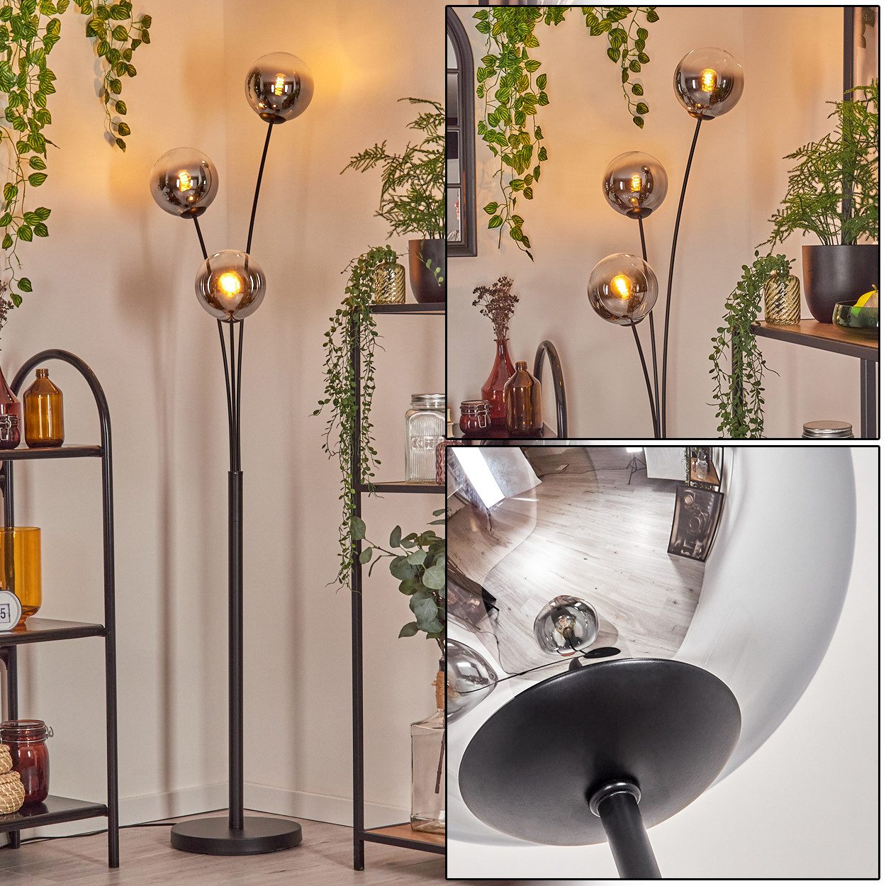 hofstein Stehlampe Stehlampe aus Metall/Glas in Schwarz/Chrom/Rauch/Klar, ohne Leuchtmittel, Vintage-Leuchte mit Glasschirmen (15cm) u. Fußschalter, E14