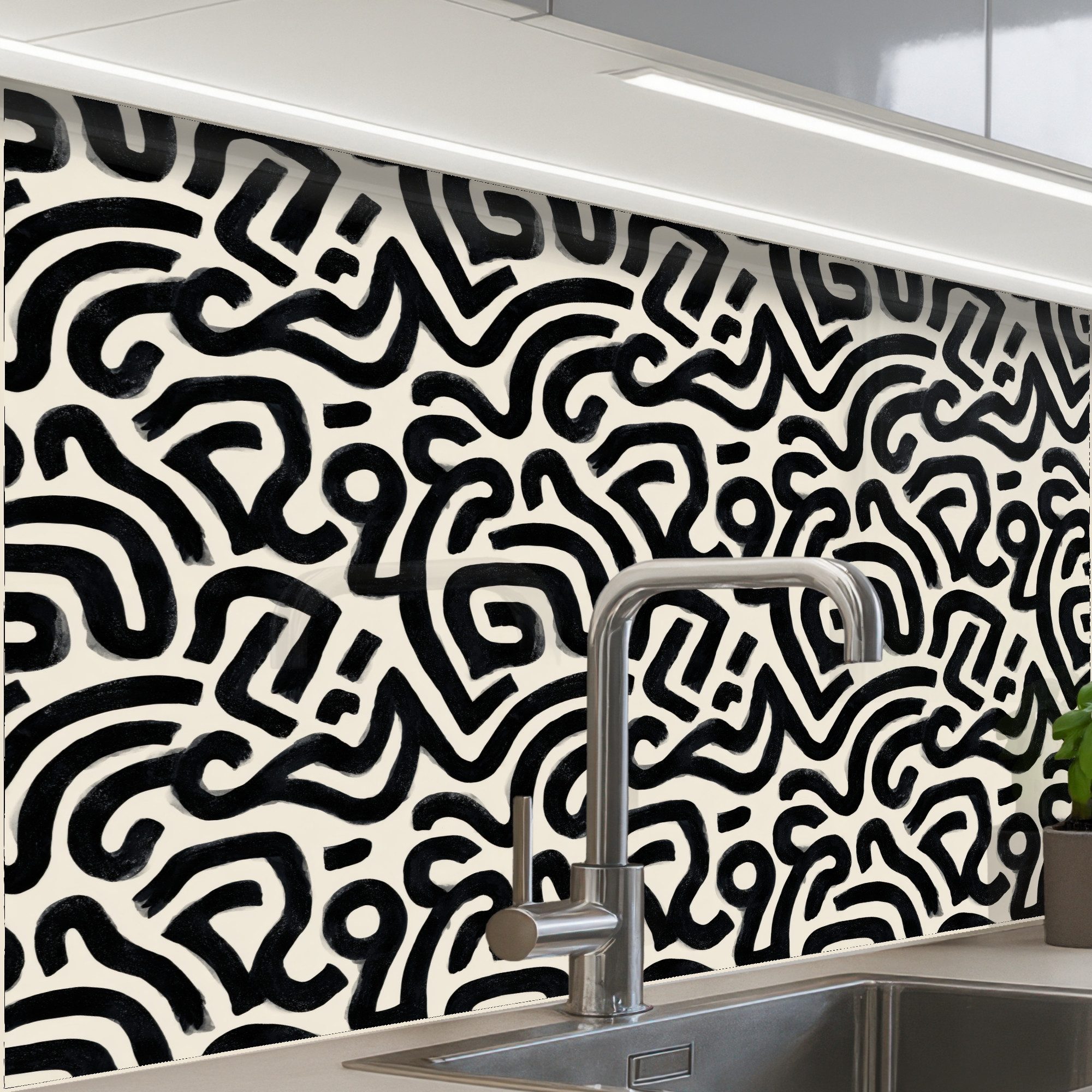 KitchenYeah Küchenrückwand Muster selbstklebend (keine Folie) Modern - Abstrakt - Schwarz, (1-tlg), Spritzschutz, Küche, Rückwand, Küchenwand, Küchenfront, 30x20 cm