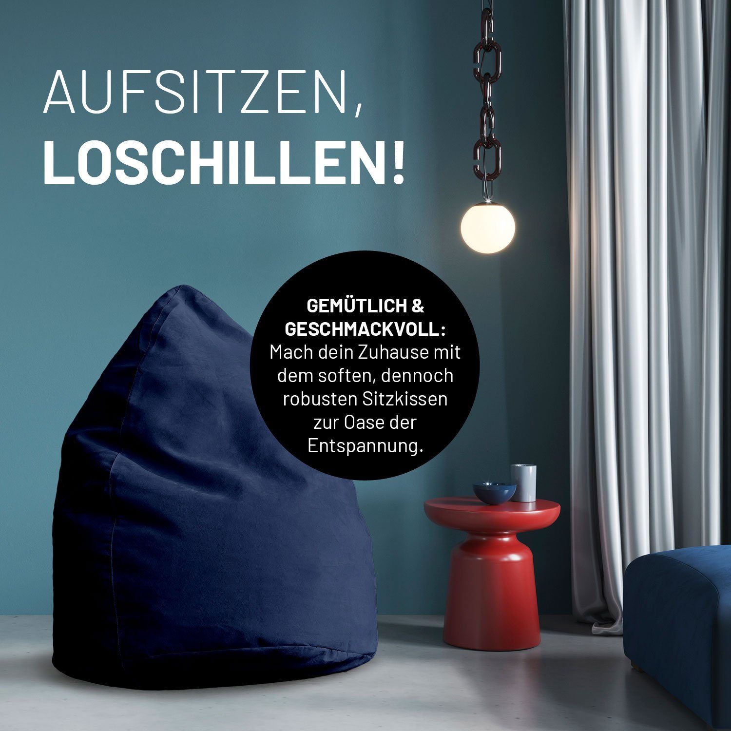 Luxury robust XL Bag weich dunkelblau waschbar Microvelours 120L Bodenkissen Lumaland Bean Sitzkissen Sitzsack 60x45cm,