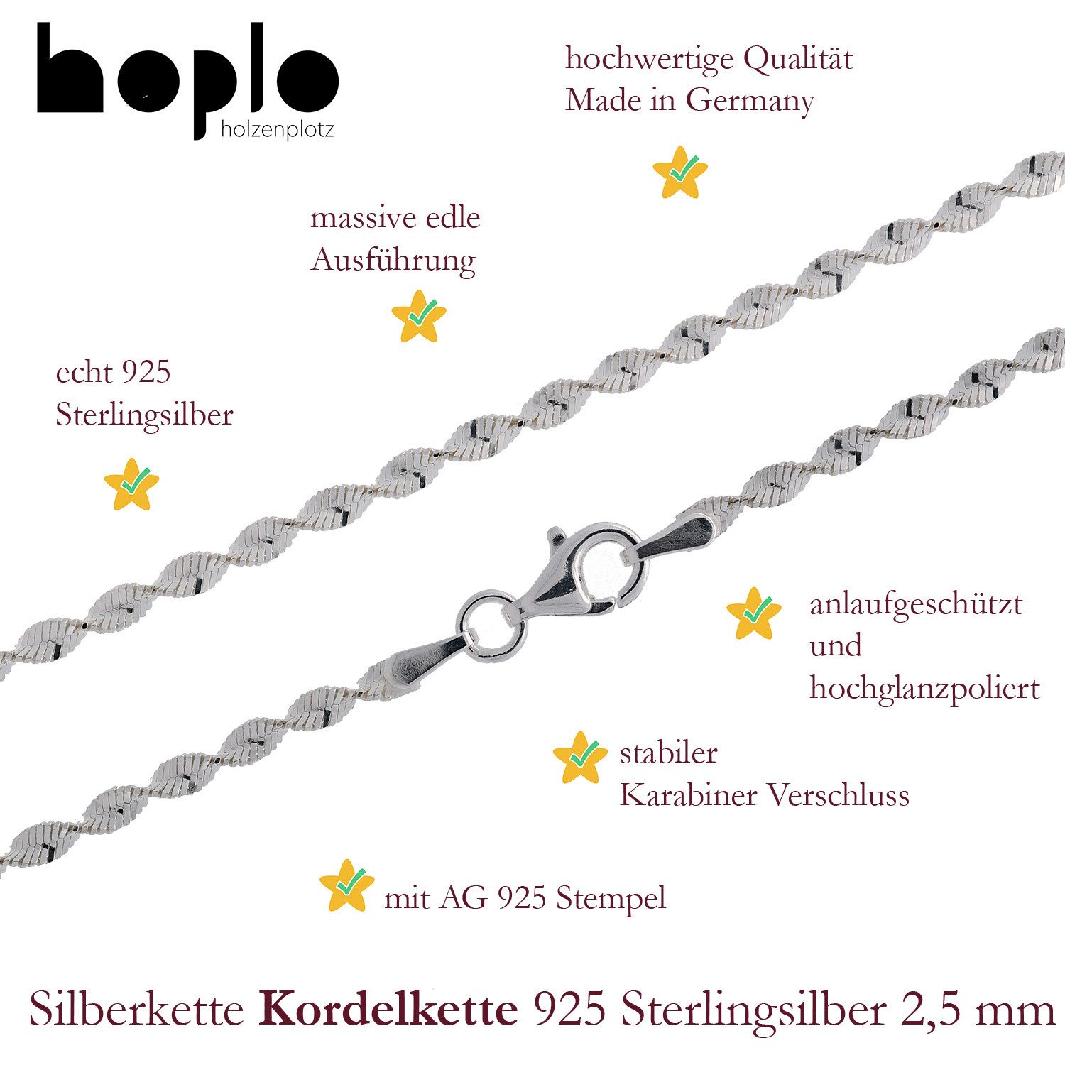 HOPLO Silberkette Silberkette Kordelkette Halskette 2,5 mm massiv 925 Silber, Made in Germany – Bild 2 von 5