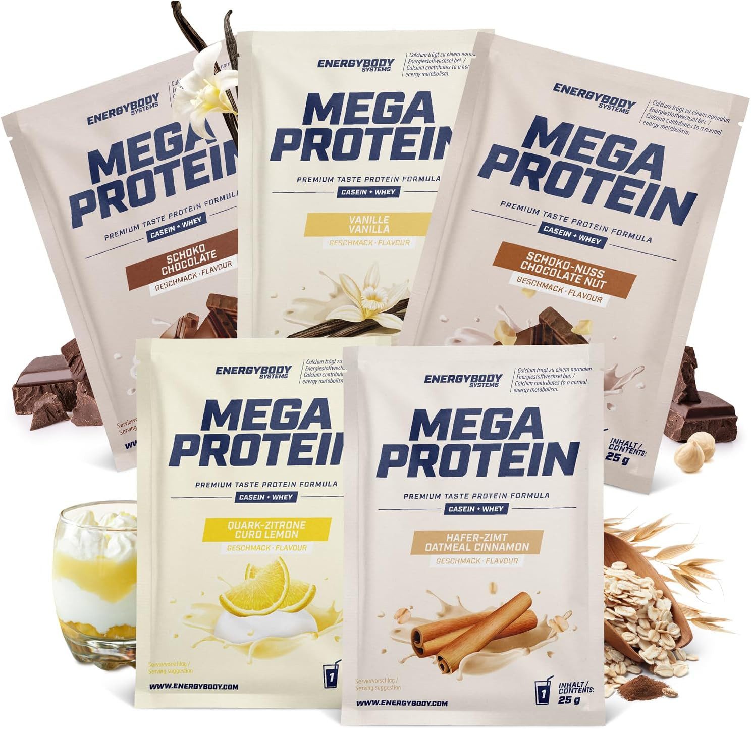 Energybody Systems Mega Protein Probierpaket Eiweißpulver, Whey Protein und Casein Pulver, 5 er, aspartamfrei, ideal für unterwegs und zum Testen, 5x25 g