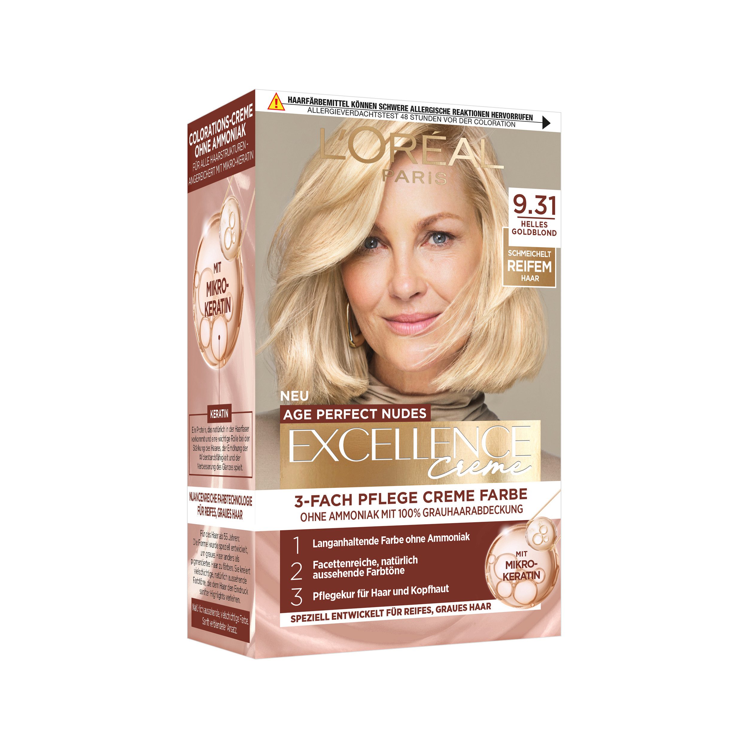 L'ORÉAL PARIS Coloration EXCELL AP NUDES 9.31 GOLD BLD GER, für graues Haar, mit hydrolysiertem Weizenprotein, große Menge 192 ml