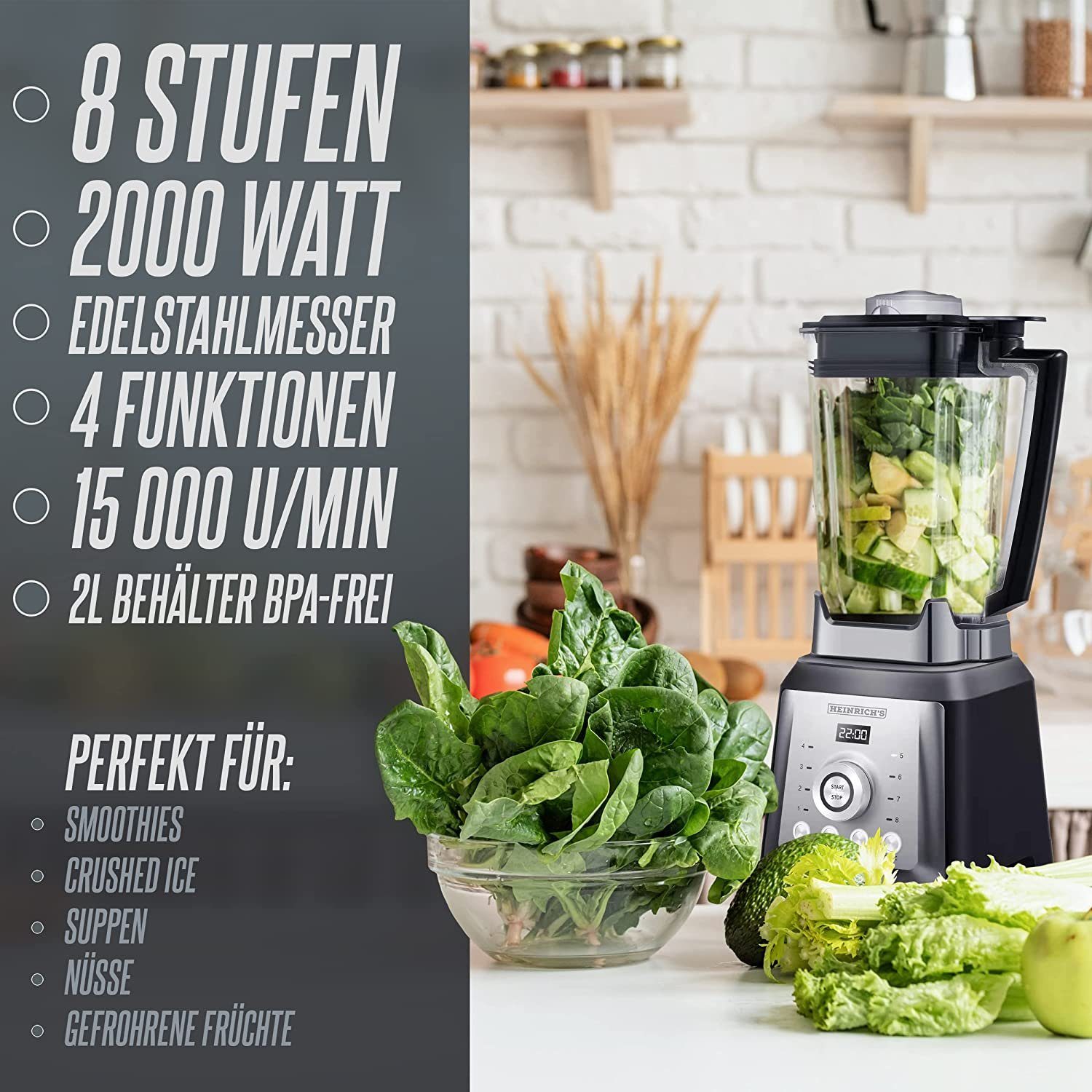 Heinrich´s Standmixer ‎HPM 8160, 2000 W, 32000 U/Min, 8 Stufen, Mixer, Ice-Crusher, Smoothie Maker