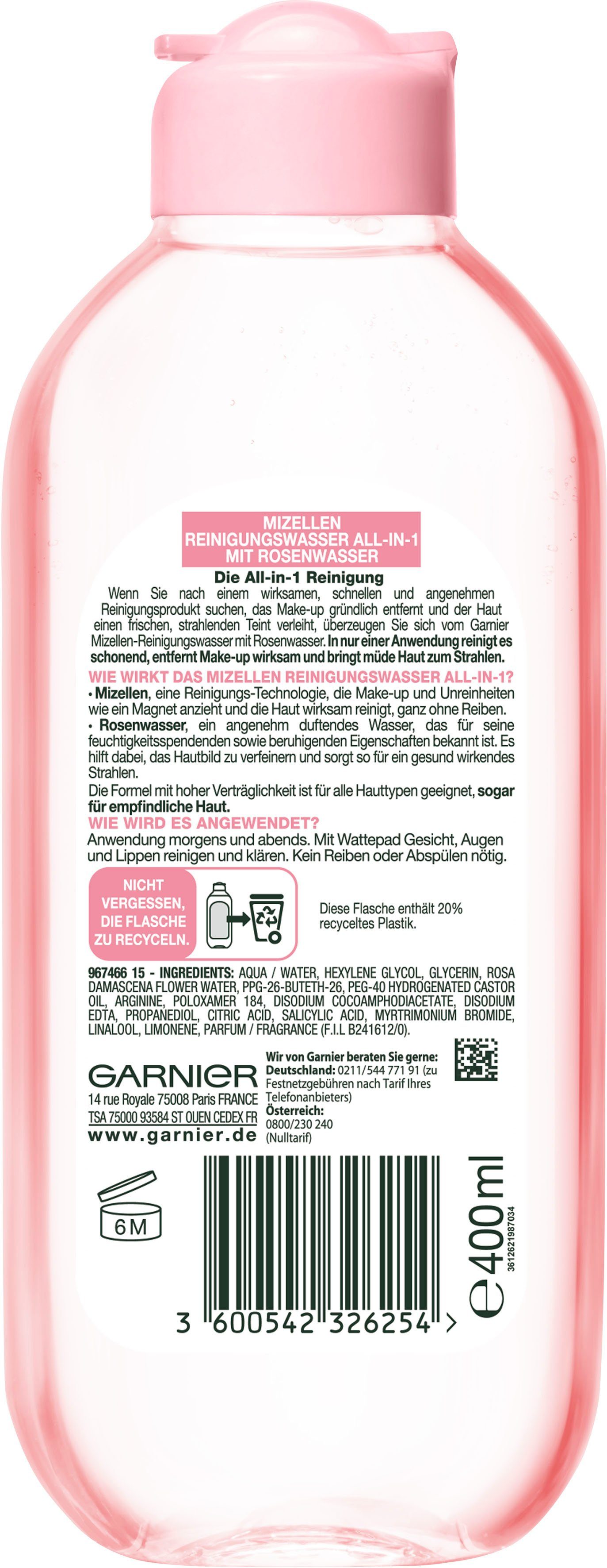 GARNIER All-in-1, Reinigungswasser Mizellen Rosenwasser mit Gesichtswasser