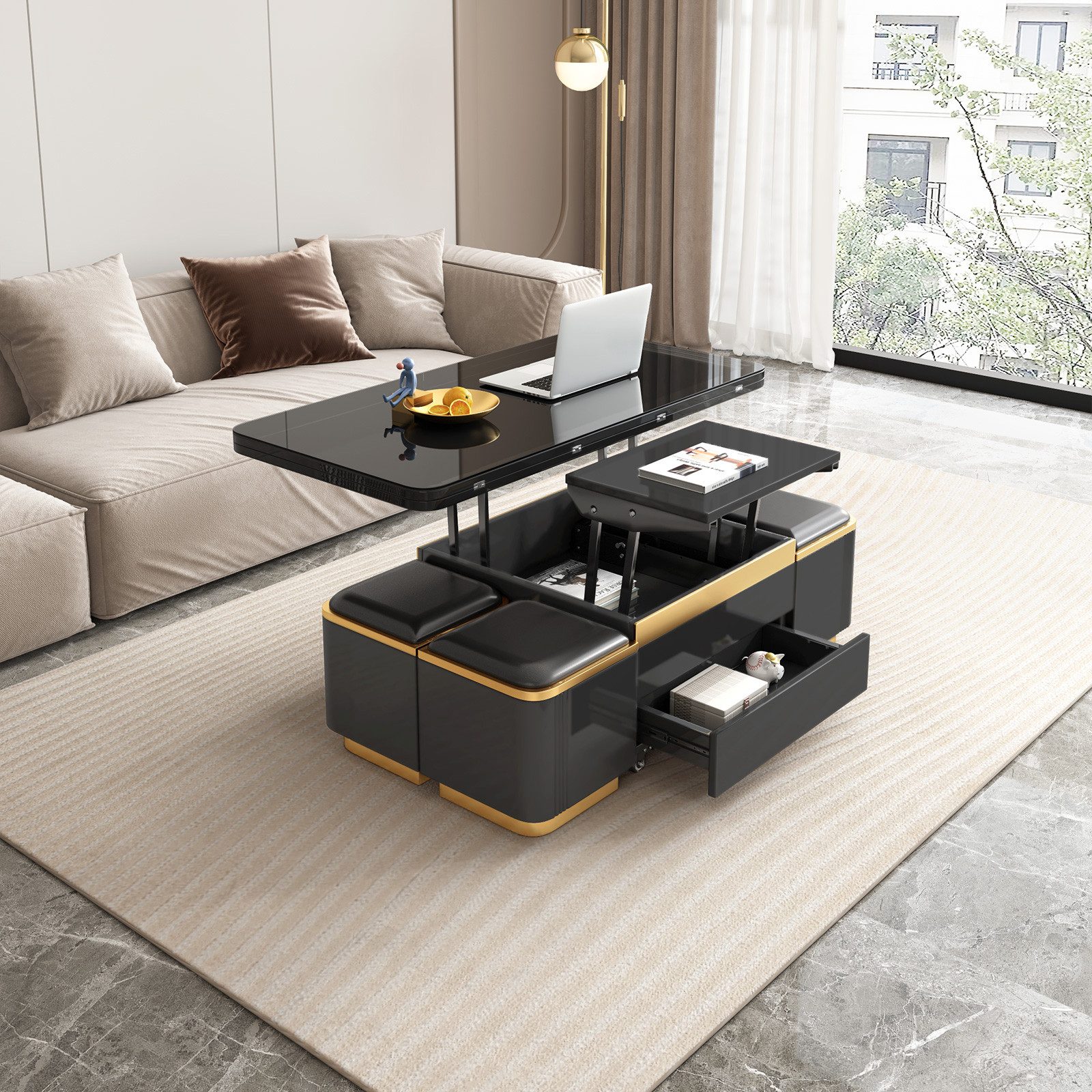 Guyii Couchtisch höhenverstellbar, multifunktional mit Stauraum, Ablage & Klapptisch (1-St), Wohnzimmertisch, Schreibtisch, Esstisch, 120x60/120x120cm