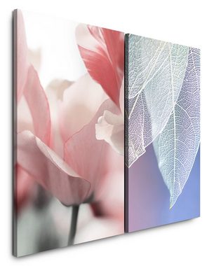 Sinus Art Leinwandbild 2 Bilder je 60x90cm Tulpen weiße Blätter Blattadern Hell Leicht Dekorativ Sanft