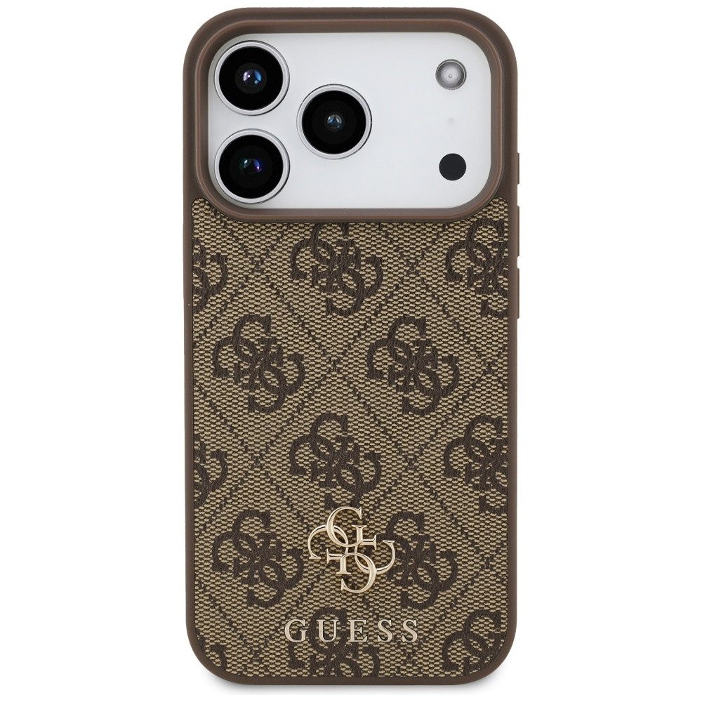 Guess Handyhülle Case iPhone 17 Pro MagSafe Kunstleder braun Logo goldfarben 6,3 Zoll, Kantenschutz