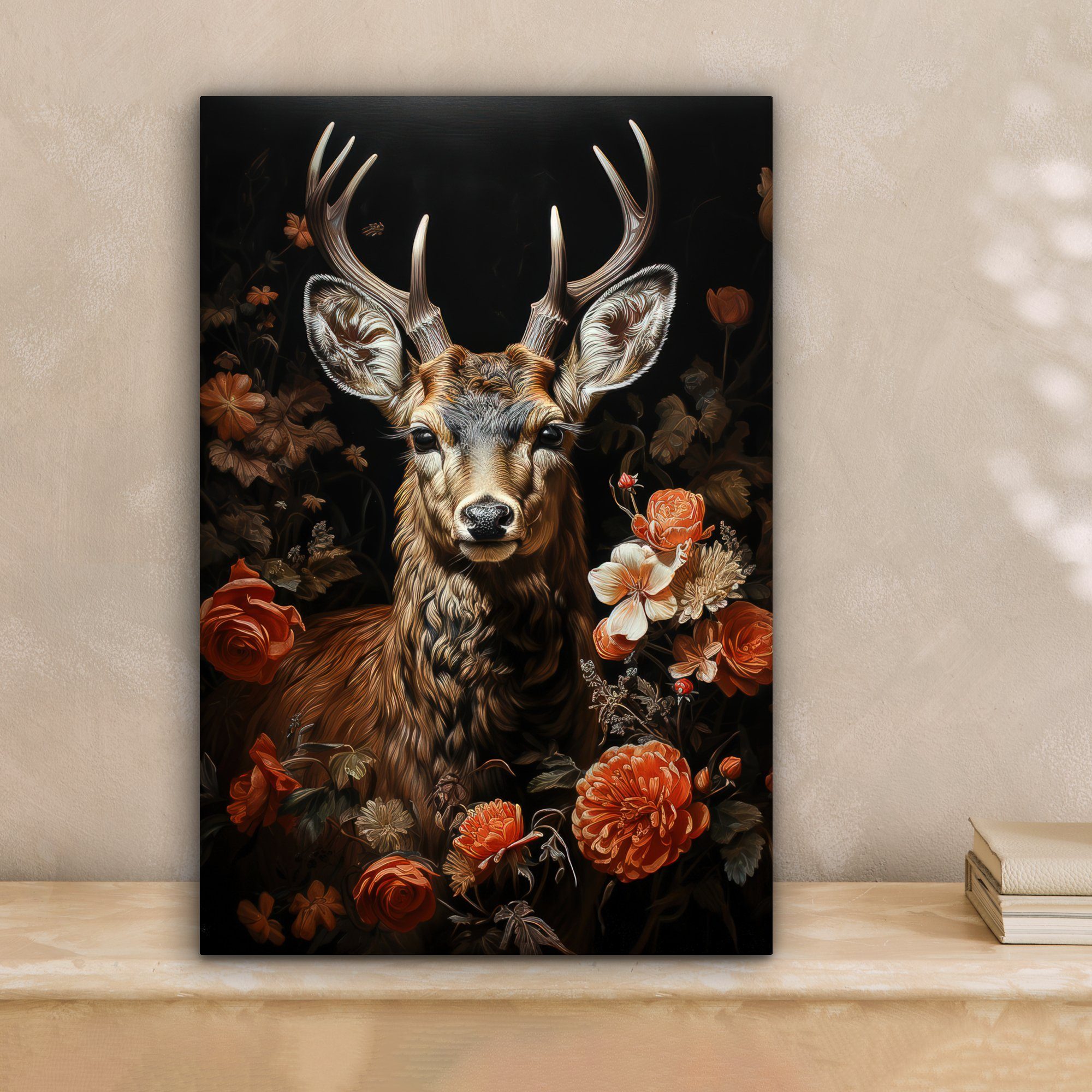 OneMillionCanvasses® Leinwandbild Hirsch - Tier - Blumen - Natur - Botanisc günstig online kaufen