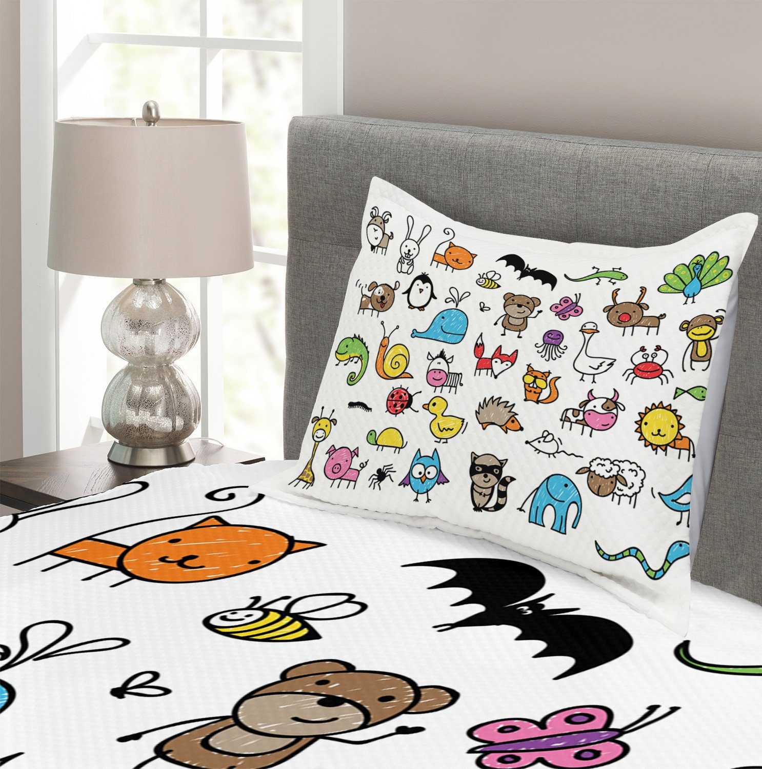 Tagesdecke Kissenbezügen Kinderzimmer mit Set Abakuhaus, Gekritzel Waschbar, Cartoon Tiere