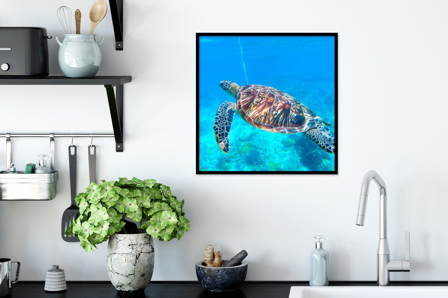 Poster Schildkröte - Gerahmtes - Poster, Schwarzem Wandposter, MuchoWow Wasser, Bilderrahmen Meer Bilder, Wanddeko, St), (1