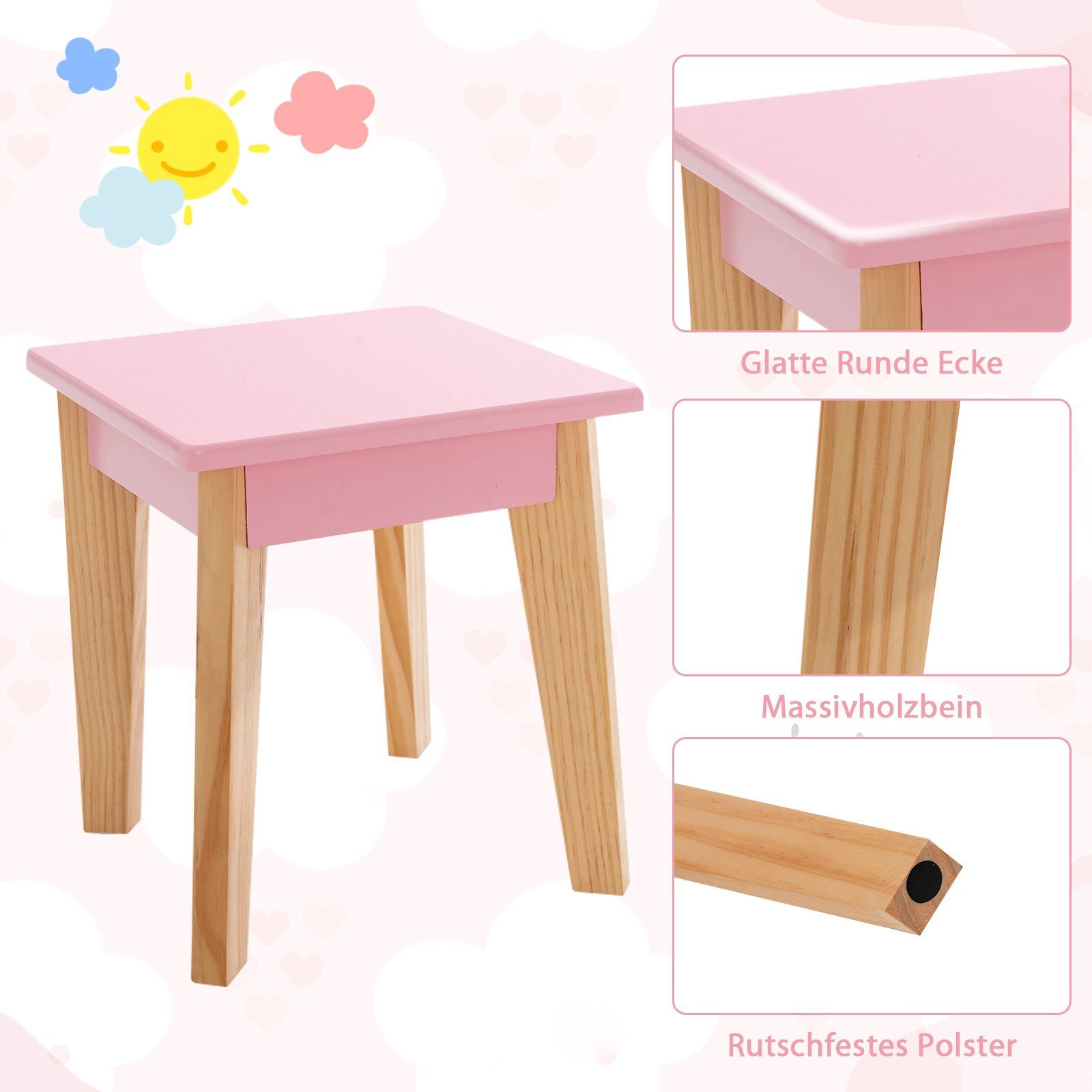 Schublade 1 Schminktisch aus COSTWAY rosa mit Spiegel 2 Hocker, Holz, & mit in