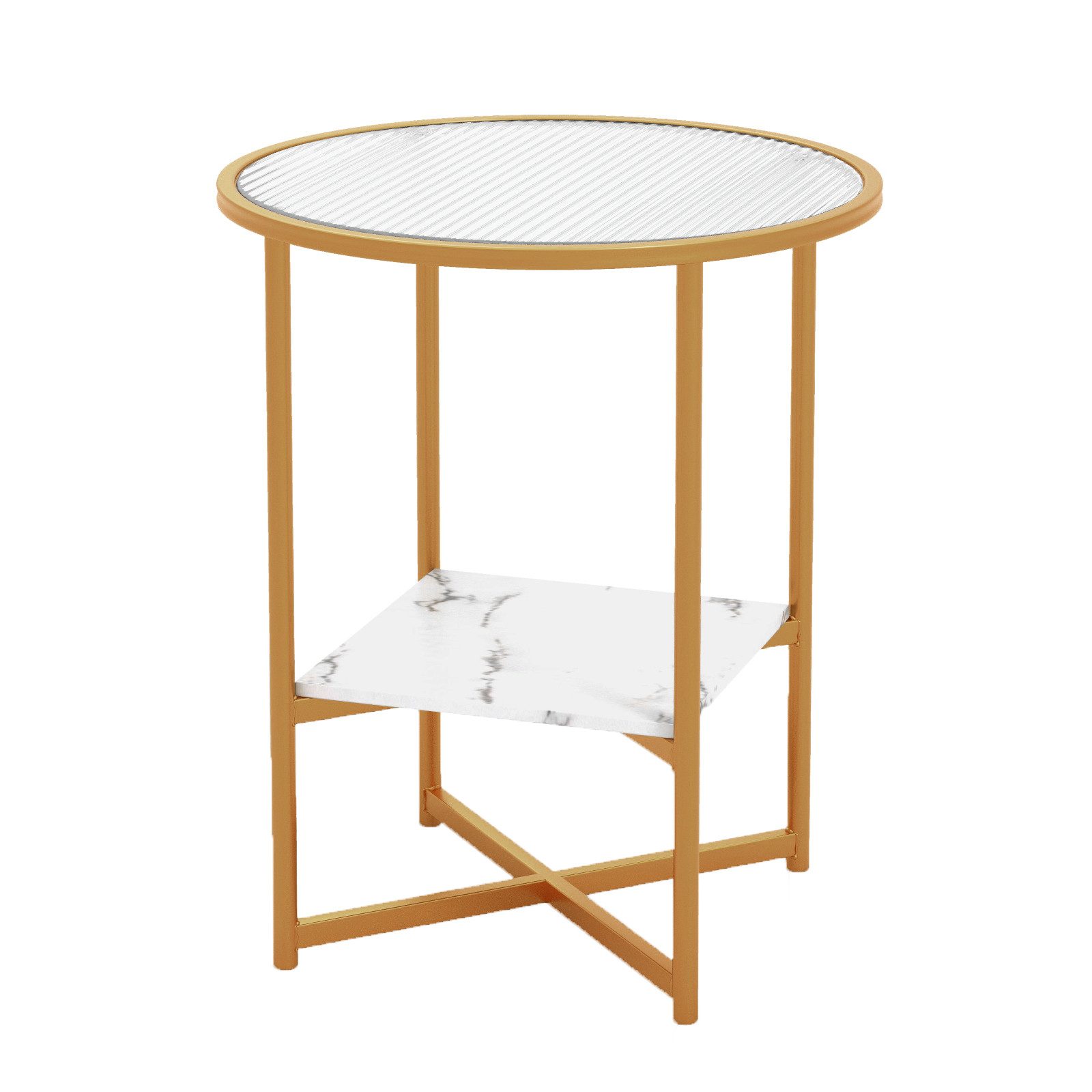 COSTWAY Beistelltisch, rund, mit gehärtetem Glas & Ablage aus Marmor, gold