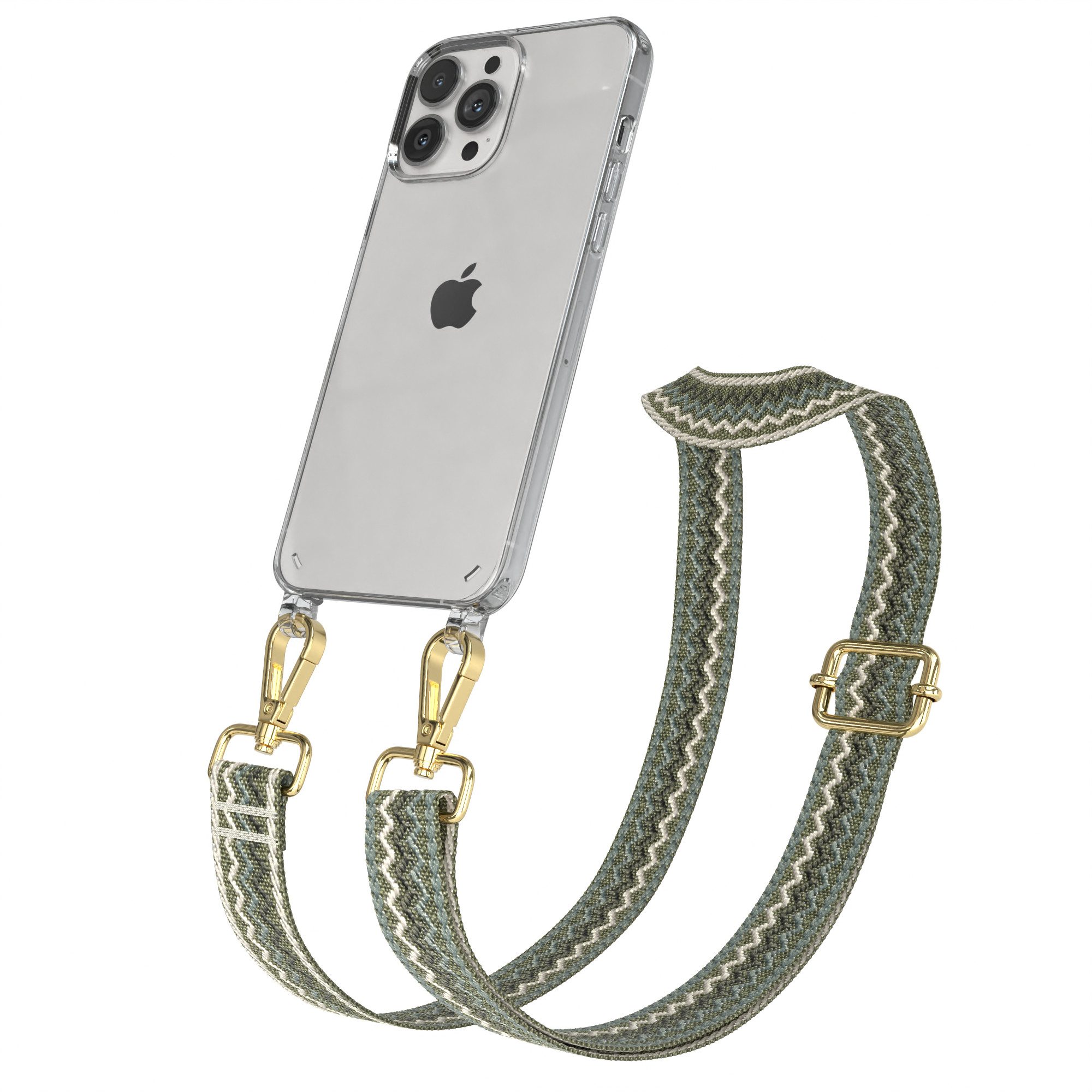 EAZY CASE Handykette Boho Umhängeband für Apple iPhone 13 Pro Max 6,7 Zoll, Verstellbarer Trageriemen Wave Case transparent DIY Gürteltasche Grün