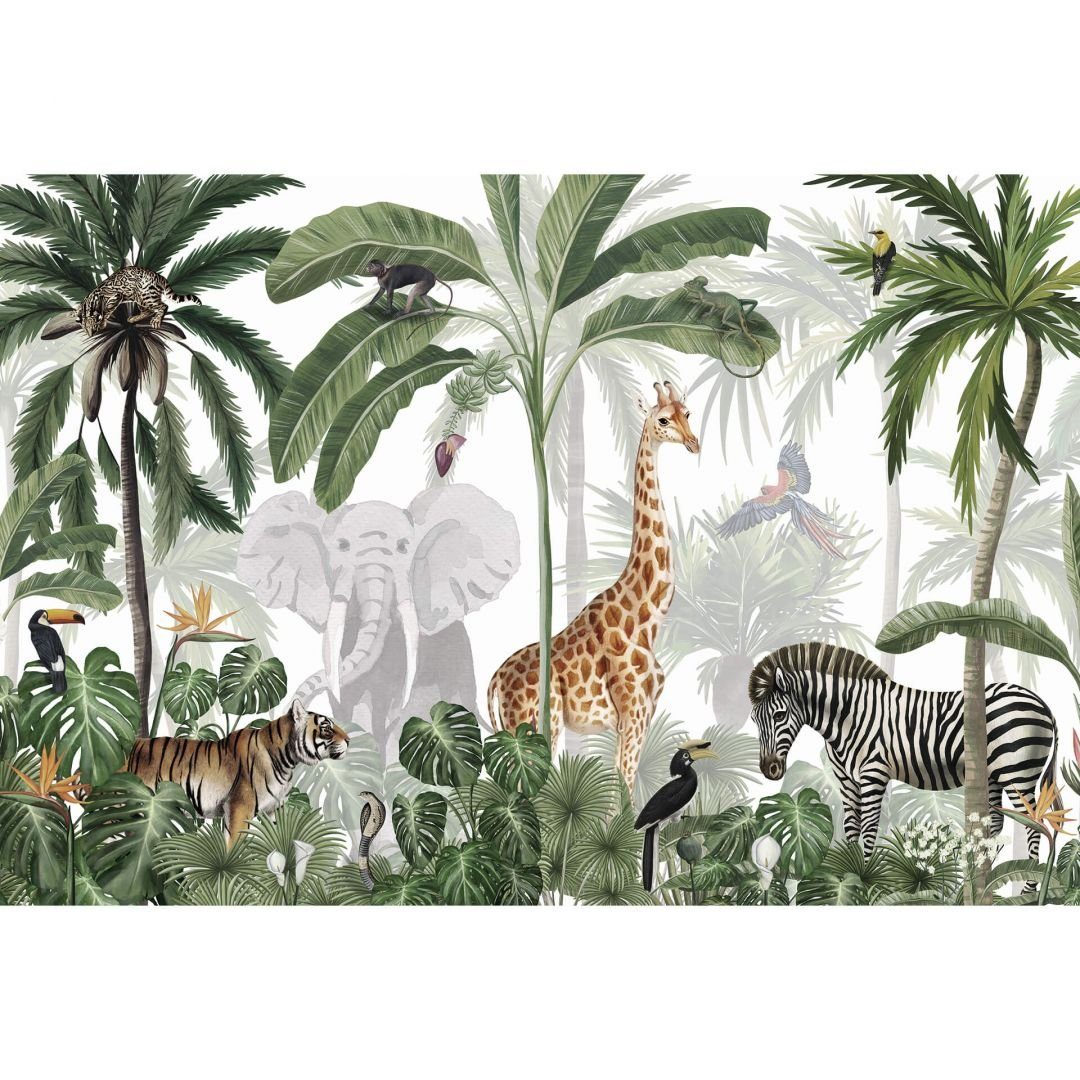 K&L Wall Art Fototapete Kikki Belle - Dschungel Jive, Tiere Elefant Giraffe, Vliestapete, große XXL Motivtapete