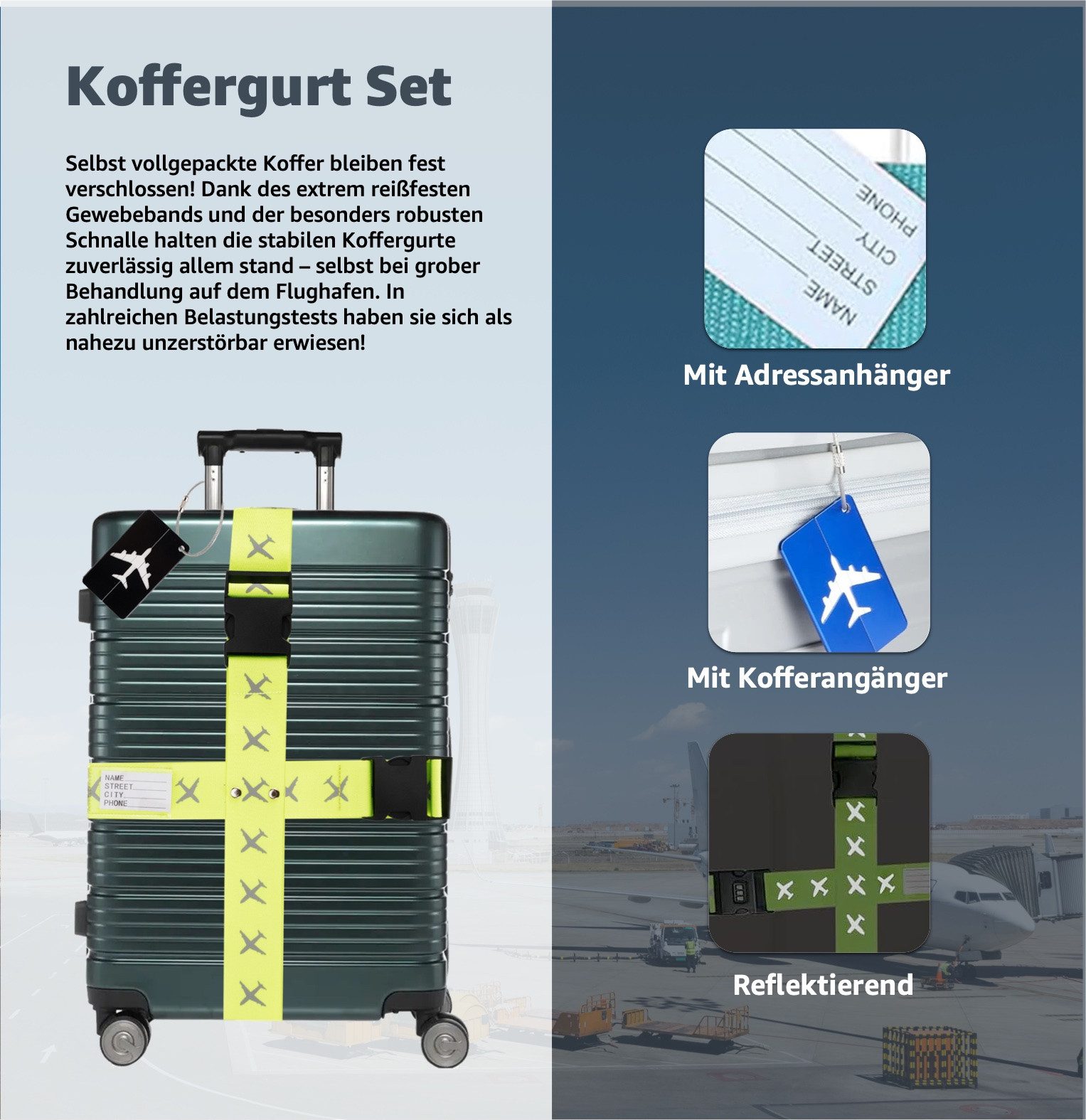 Travelfreund® Koffergurt 4er Kofferband & 4er Koffer Anhänger Set farbig - zum reisen, (Packung, 4-tlg., Kofferband Set), Mit Kofferanhänger