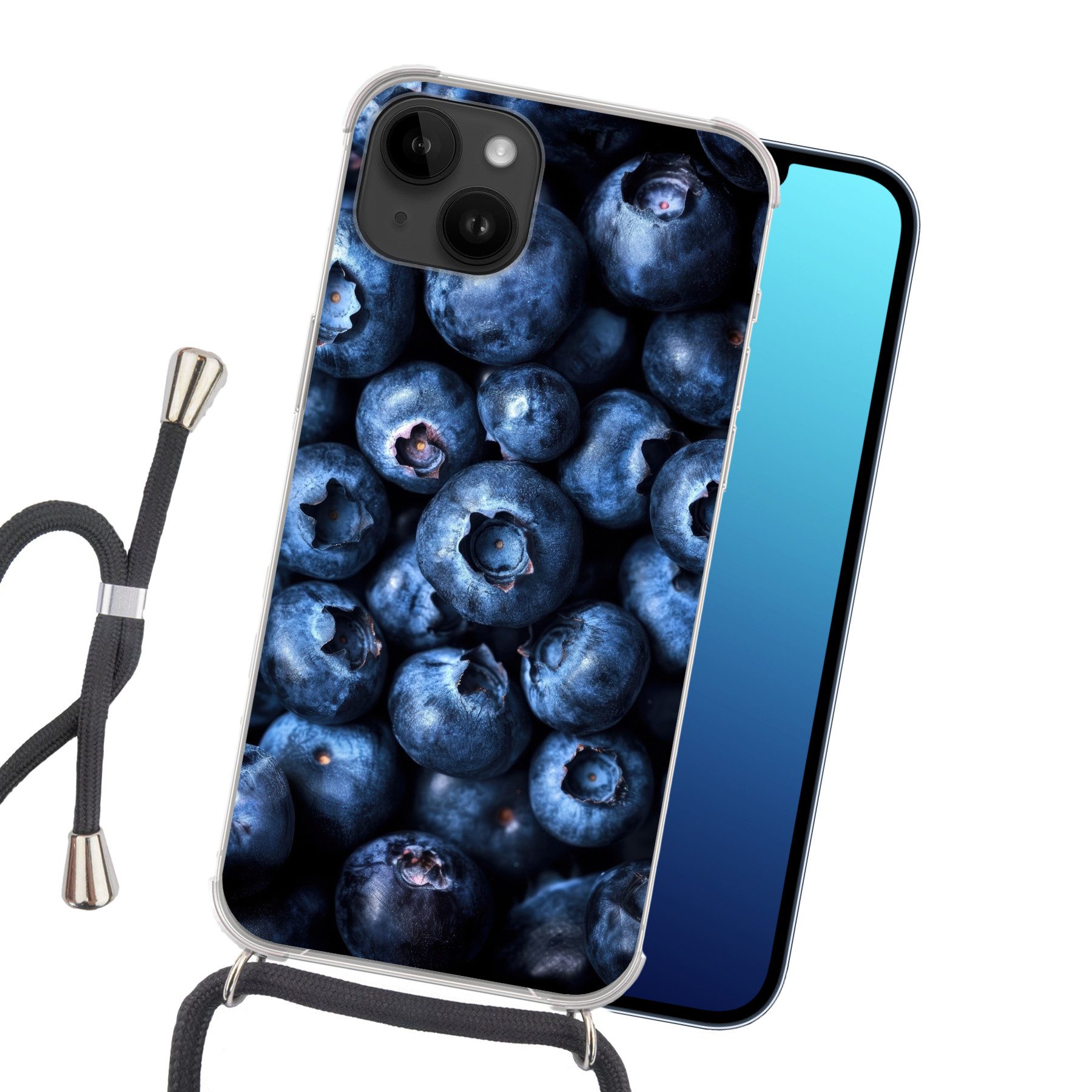 MuchoWow Handyhülle für Apple iPhone 14 Beeren - Blau - Obst, Tragbare Handyhüllen mit Kette zum umhängen, Handykette Handyband