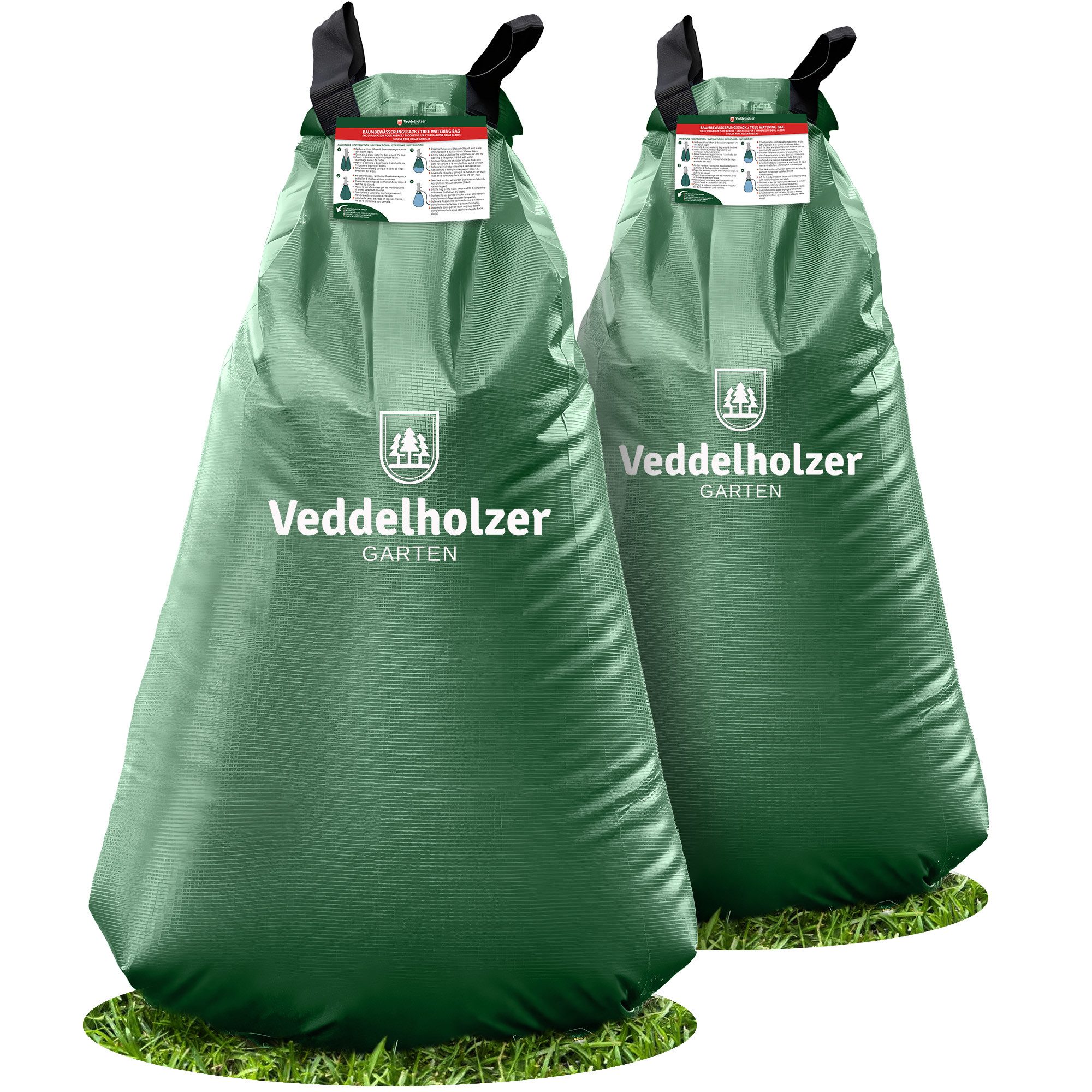 Veddelholzer Bewässerungssystem 2x75l Baumbewässerungssack Reißverschluss kombinierbar Diebstahlschutz, (Miteinander Kombinierbar durch Reißverschluss, 2 mal 75 Liter), Robust und wetterbeständig für Bäume, Jungbäume und Sträucher.