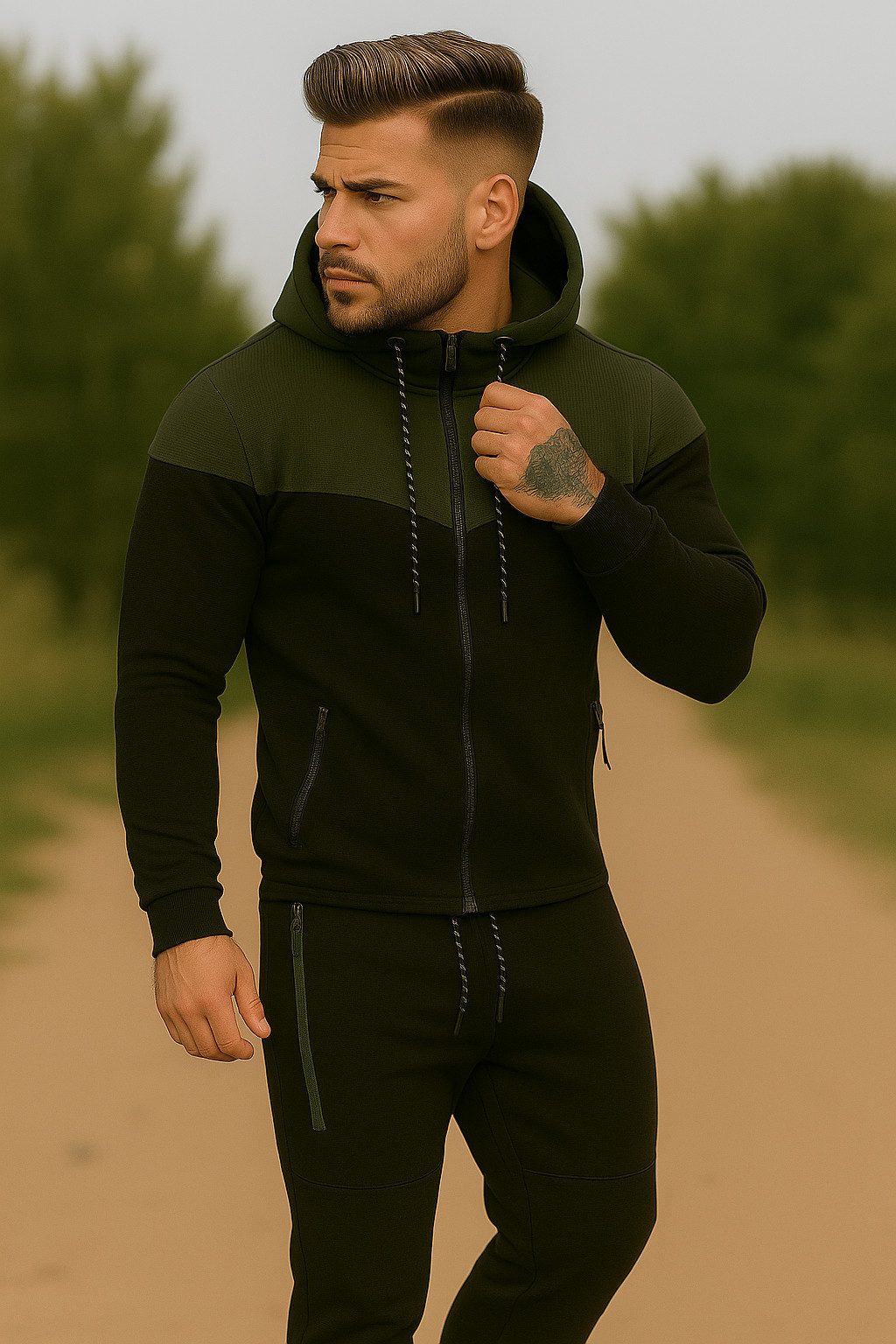 L.gonline Freizeitanzug Herren Jogginganzug, Freizeitanzug 984 Schwarz Oliv XL (Kapuzenjacke mit Reißverschluss, Hose, 2-tlg), Fitness Freizeit Casual