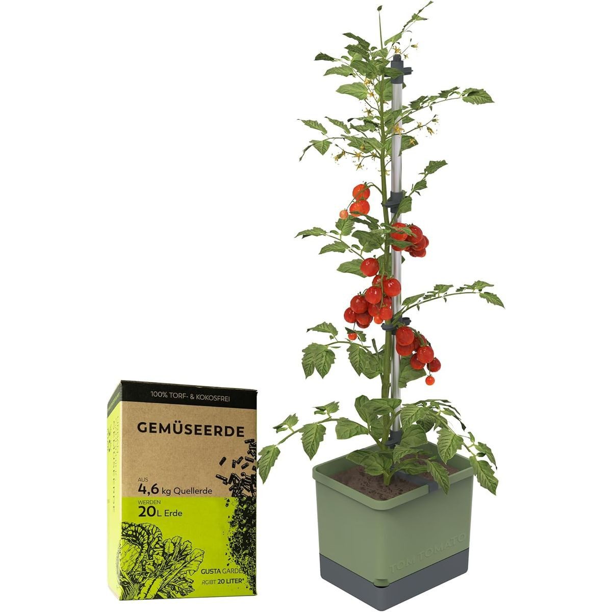 Gusta Garden Pflanzkübel TOM TOMATO (Tomatenpflanzset, inkl. stabiler Rankhilfe und Bewässerungssystem), Tomatentopf inkl. 20L Urban Gardening Erde, dunkelgrün