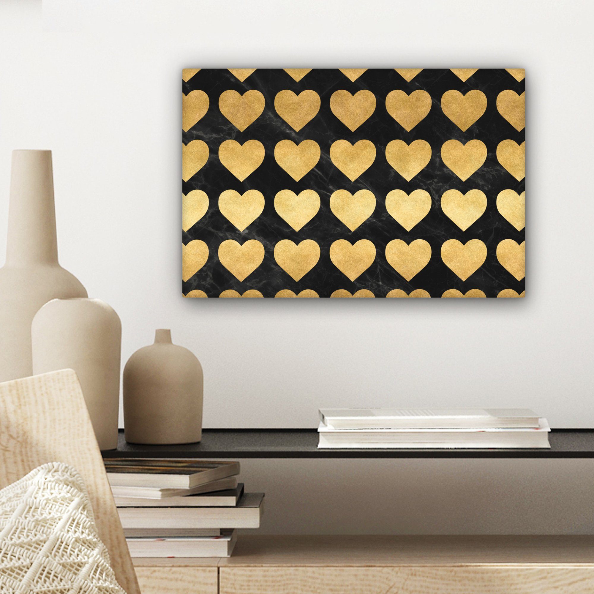 - (1 Schwarz, Herz Gold Leinwandbilder, 30x20 OneMillionCanvasses® Aufhängefertig, Wandbild - St), cm - Wanddeko, Leinwandbild Muster