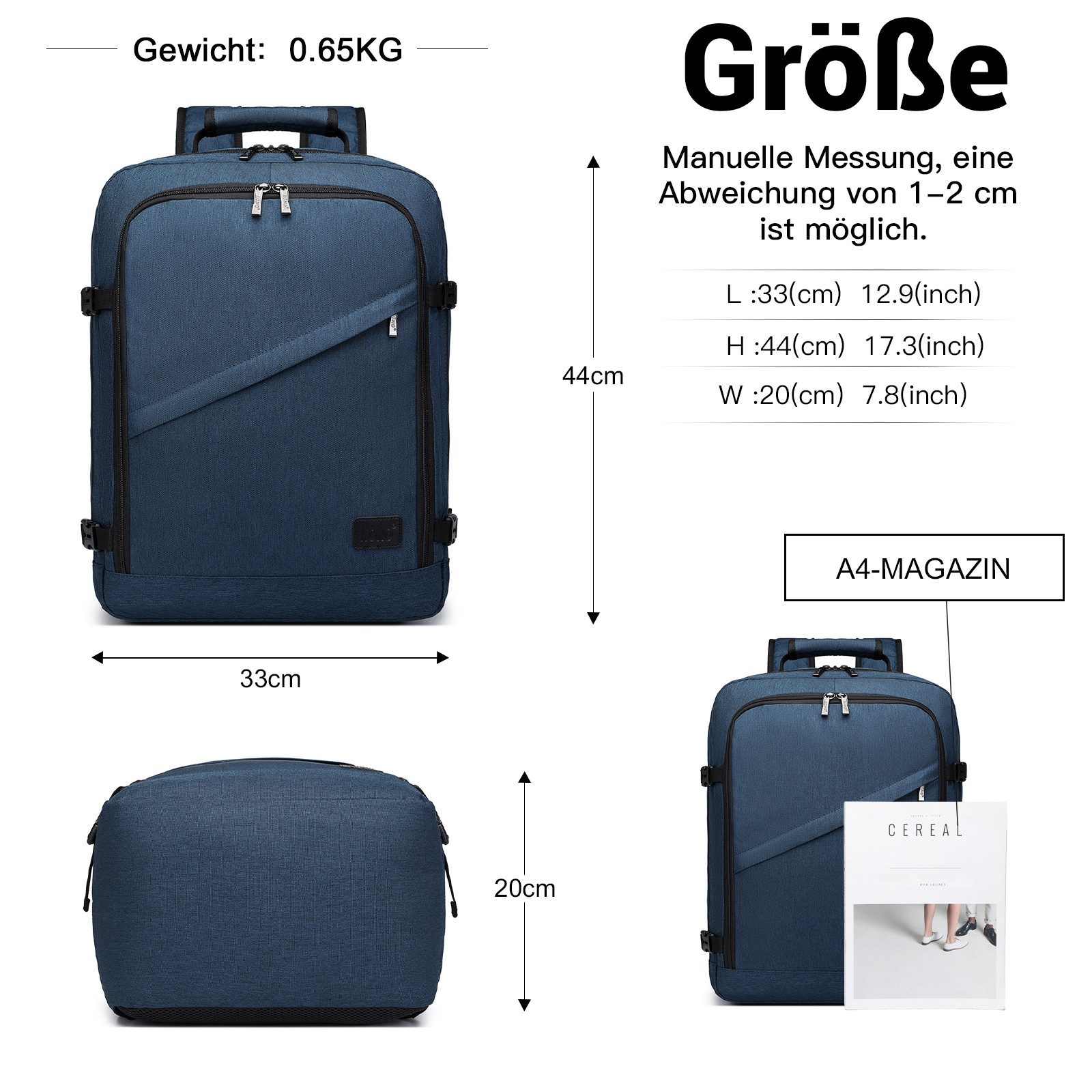 KONO Rucksack Handgepäck-Rucksack mit vielen Fächern Leichtgewicht