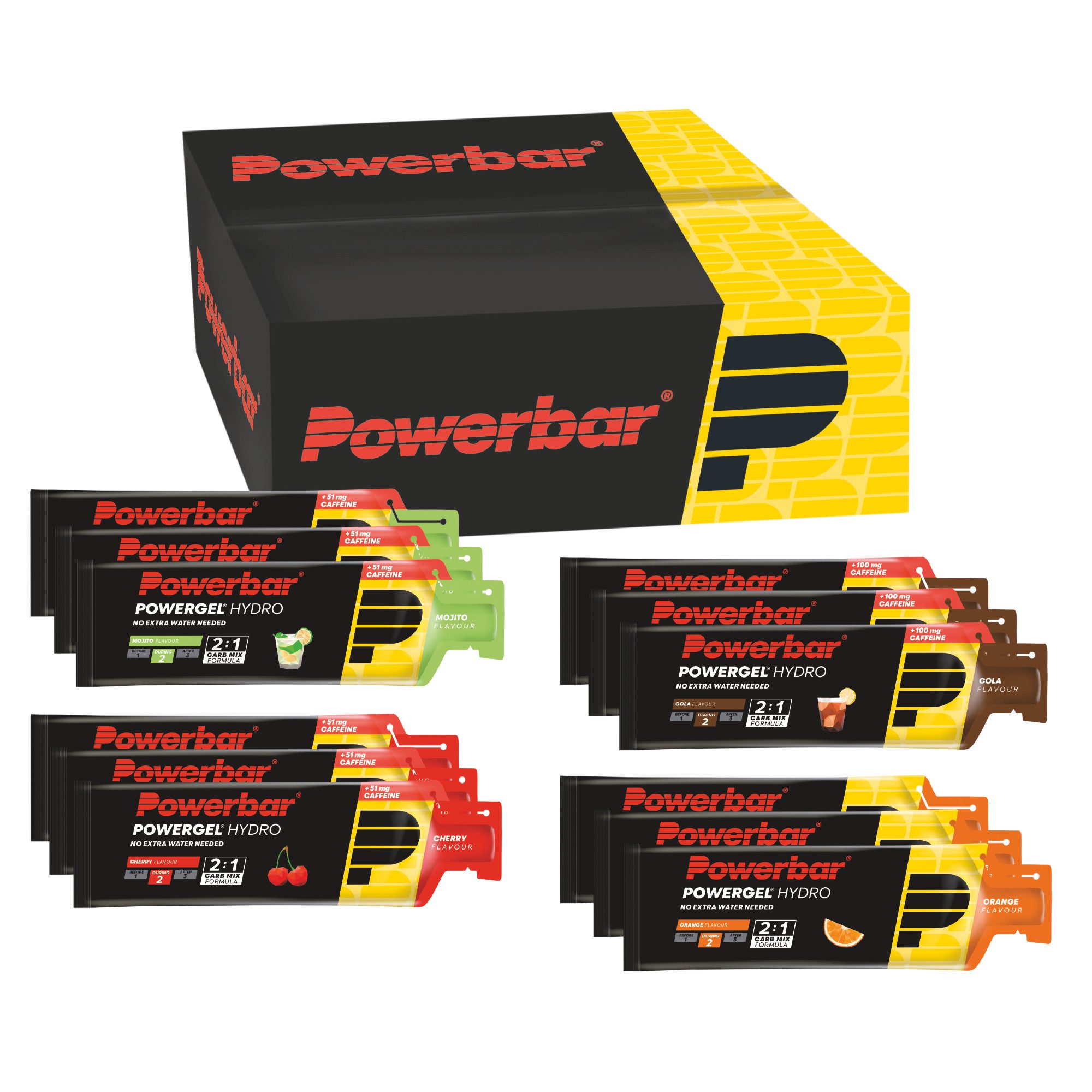 PowerBar PowerGel Hydro Multiflavourbox 12x67ml - High Carb Energie Gel Gel, 12 er Box à 12 St., 804 ml, Kohlenhydrat-Formel von 1:0,8