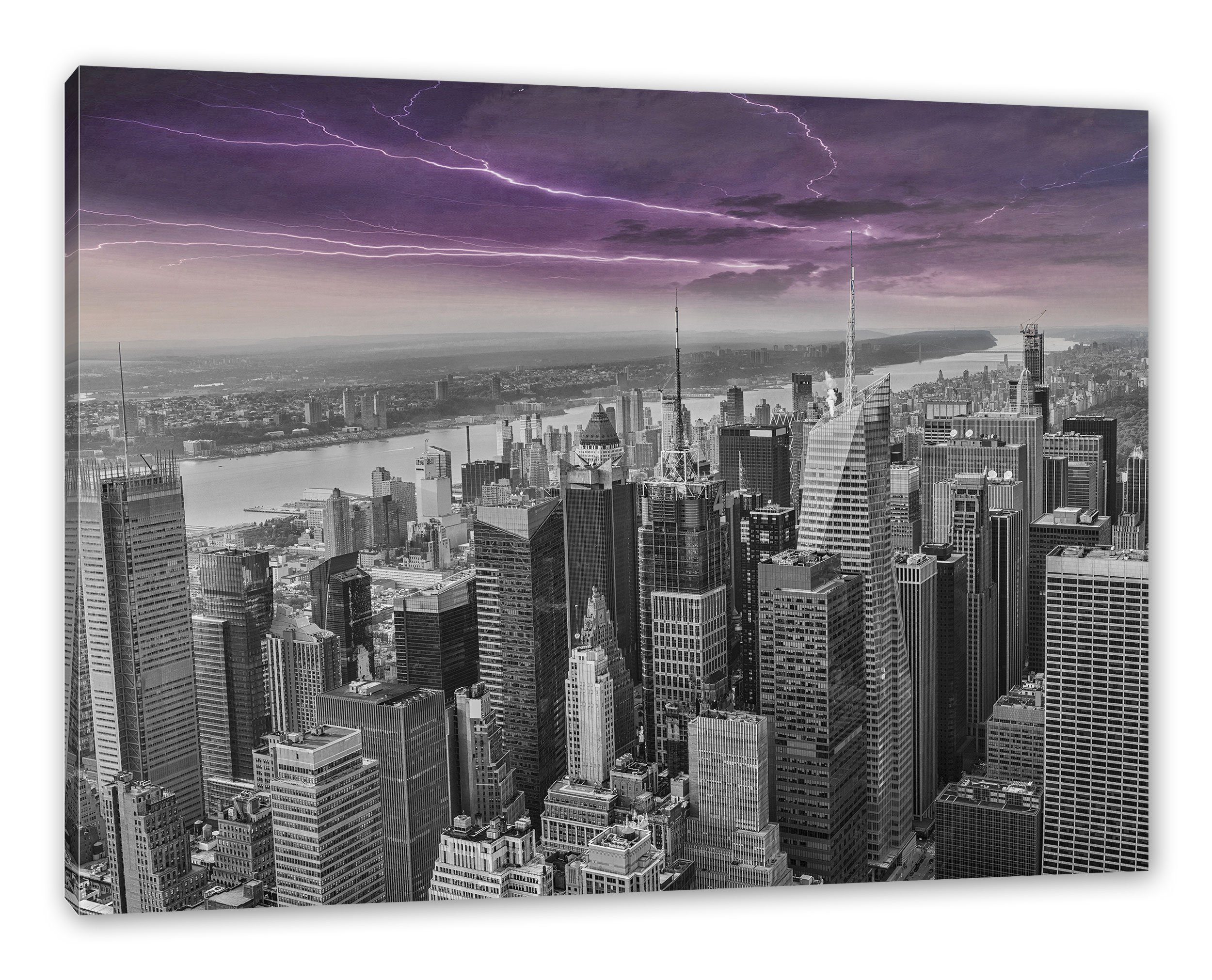 Zackenaufhänger Pixxprint bespannt, St), New York inkl. Skyline Skyline New (1 York Gewitter fertig Leinwandbild Leinwandbild Gewitter,