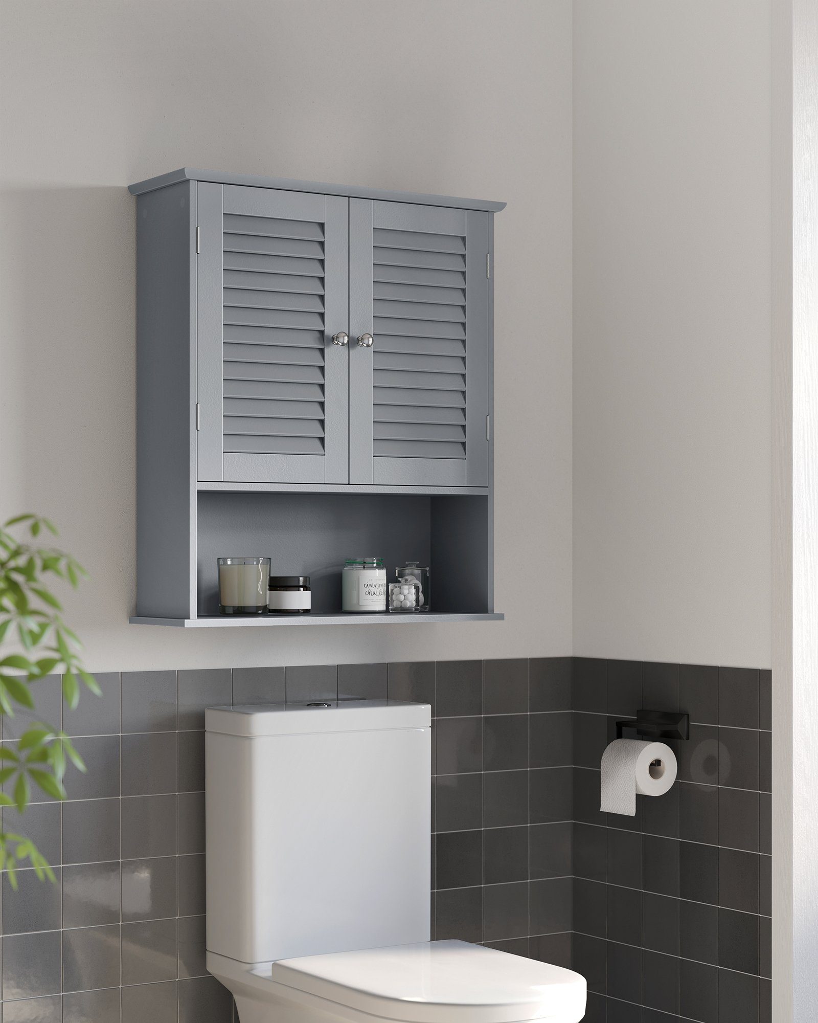 VASAGLE Hängeschrank Badezimmerschrank, Medizinschrank mit verstellbarem Einlegeboden Wandschrank, Lamellentüren und offenem Fach, 20 x 60 x 70 cm