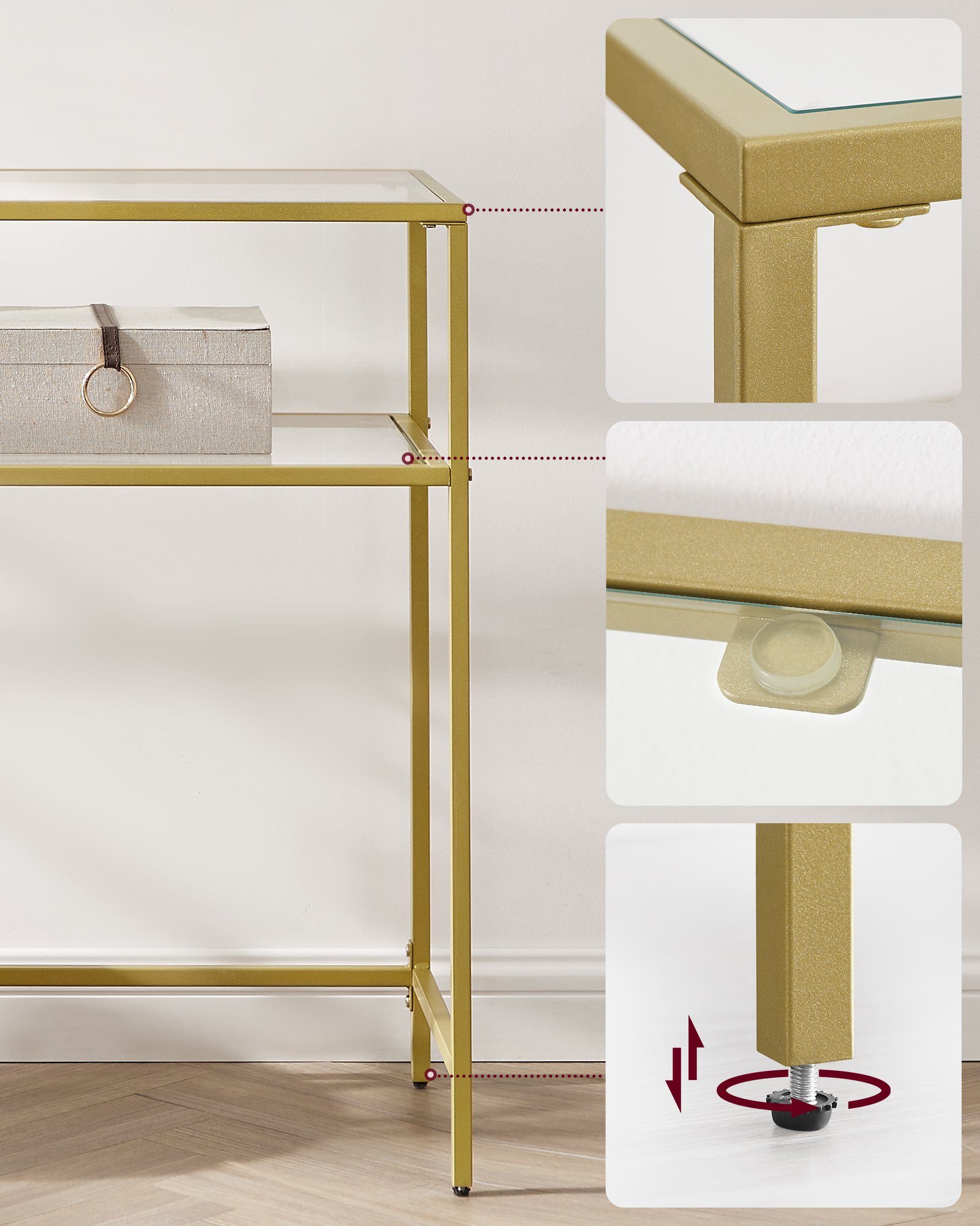 VASAGLE Konsolentisch Beistelltisch, mit 2 Goldfarben Wohnzimmer Hartglas, | Goldfarben Ablagen