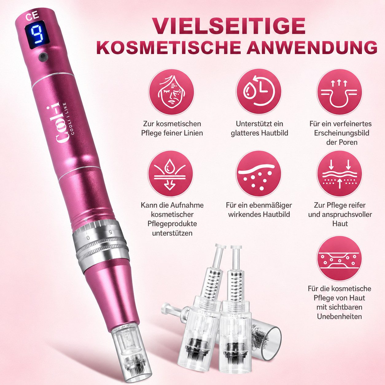 COOL-i ® Micro-Needling Microneedling Pen 0-2,5mm, 9 Stufen, 7 LED-Lichter, 12 Nadelköpfe, Für ergänzende Hautpflege & Hautbildverbesserung V2